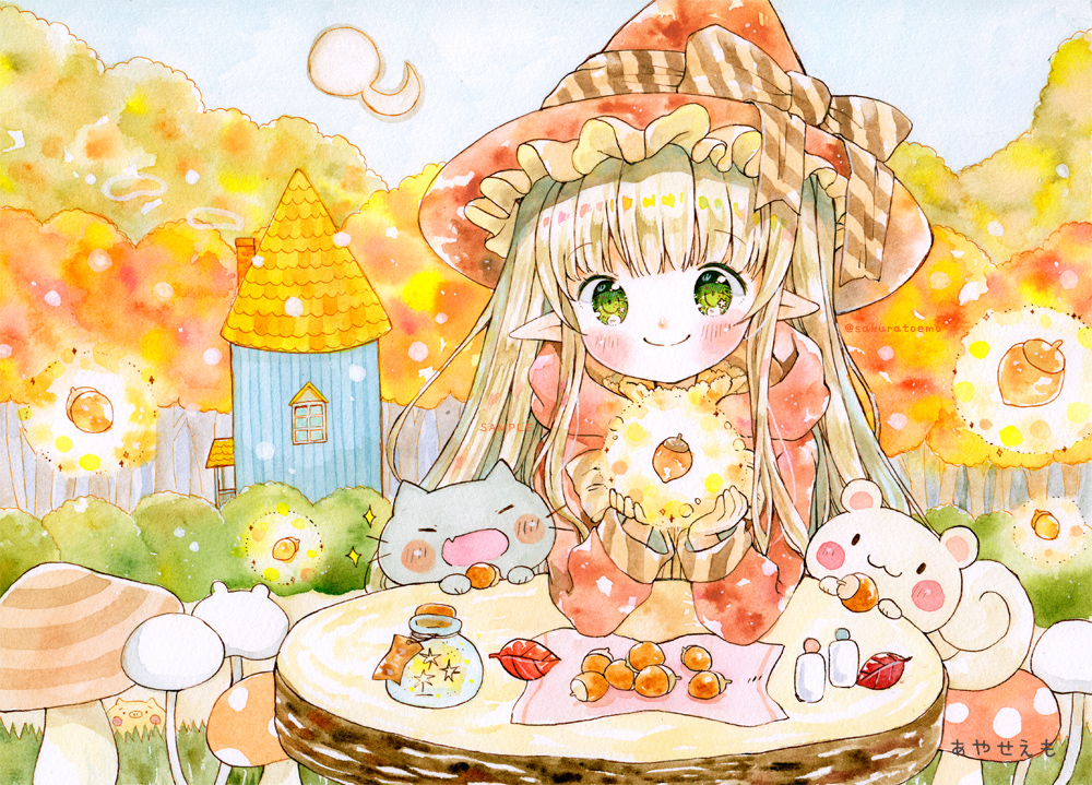 1girl acorn autumn blonde_hair cat closed_mouth emo_(mikan) green_eyes hat holding jacket long_hair looking_at_viewer magic mushroom orange_headwear orange_jacket orange_tree original outdoors pointy_ears sample smile traditional_media tree watercolor_(medium) watermark witch witch_hat