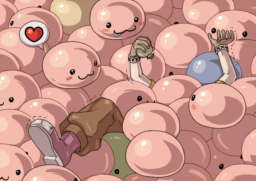 1boy :3 apple blush_stickers boots brown_gloves brown_pants buried commentary_request drooling drops_(ragnarok_online) emoticon food fruit full_body gloves green_apple heart holding holding_food holding_fruit marin_(ragnarok_online) novice_(ragnarok_online) pants poporing poring ragnarok_online red_footwear short_sleeves slime spoken_heart susukinohukurou too_many trembling