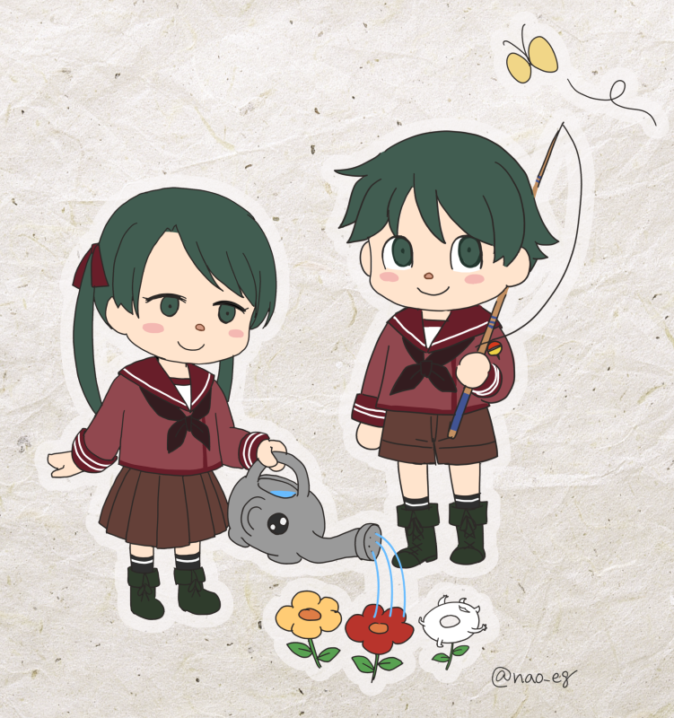 1other 2girls animal_crossing bangs black_legwear boots brown_shorts brown_skirt bug butterfly enemy_lifebuoy_(kantai_collection) fishing_rod green_eyes green_footwear green_hair holding holding_fishing_rod holding_water insect kantai_collection kneehighs long_hair long_sleeves mikuma_(kantai_collection) mogami_(kantai_collection) multiple_girls nao_(nao_eg) parody pleated_skirt school_uniform serafuku short_hair shorts skirt swept_bangs twintails twitter_username watering watering_can