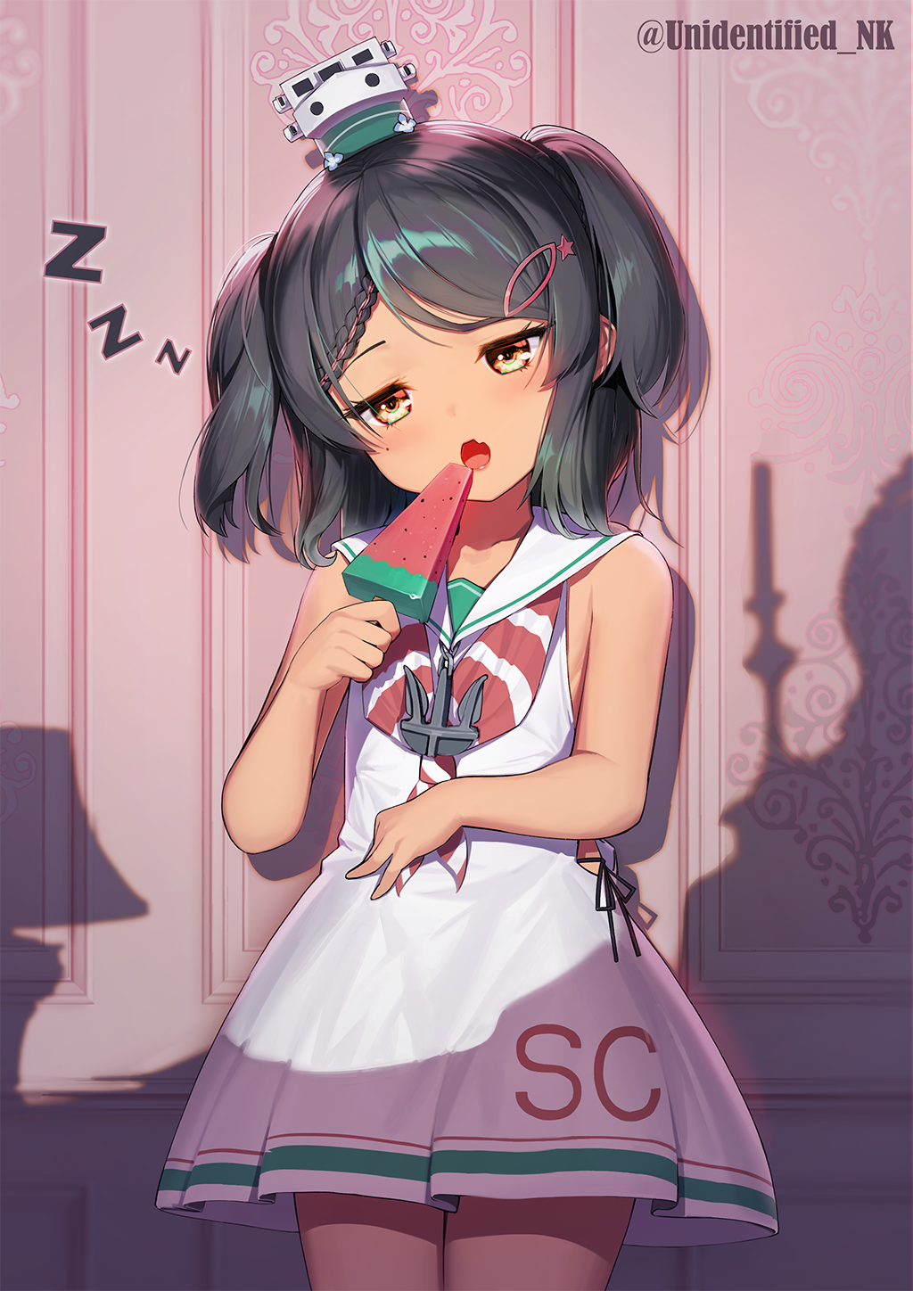 1girl anchor_ornament black_hair blush braid brown_eyes commentary_request dress eating eyebrows_visible_through_hair food hair_ornament hairclip highres indoors kantai_collection looking_at_viewer mole mole_under_eye neckerchief open_mouth popsicle sailor_collar sailor_dress scirocco_(kantai_collection) short_hair sleeveless sleeveless_dress solo striped striped_neckwear tan two_side_up unidentified_nk watermelon_bar white_dress white_sailor_collar zzz