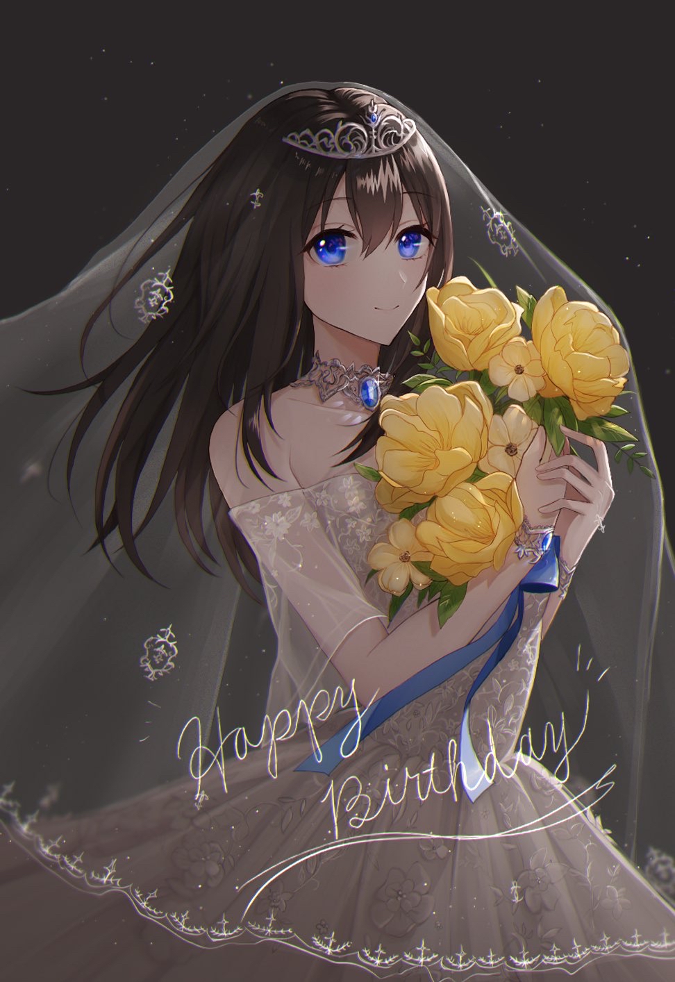 1girl bare_shoulders black_background black_hair blue_eyes blue_ribbon blush bouquet bridal_veil choker collarbone commentary_request dress flower hair_between_eyes happy_birthday highres himo_(user_rzgz5877) holding holding_bouquet idolmaster idolmaster_cinderella_girls idolmaster_cinderella_girls_starlight_stage long_dress long_hair looking_at_viewer ribbon sagisawa_fumika sapphire_(gemstone) see-through_sleeves short_sleeves smile solo strapless strapless_dress tiara veil wedding_dress white_choker white_dress