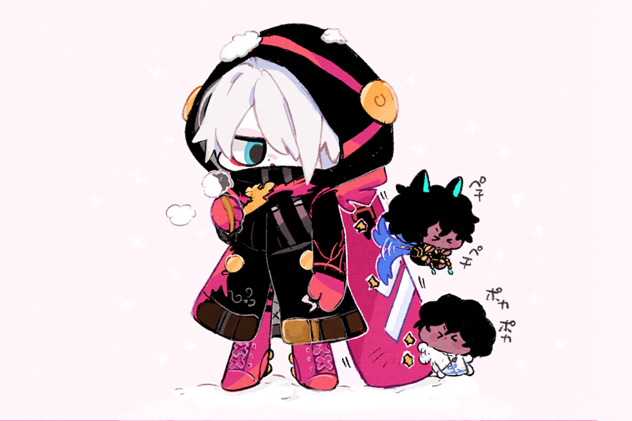 3boys arjuna_(fate/grand_order) arjuna_alter black_coat black_hair blue_eyes boots breath chibi coat colored_skin cross-laced_footwear dark_skin dark_skinned_male dual_persona fate/grand_order fate_(series) gloves hair_over_one_eye hood hood_up karna_(fate) karna_(santa)_(fate) lace-up_boots looking_at_another male_focus mittens multiple_boys pink_background red_footwear red_gloves simple_background snow thigh-highs thigh_boots towako368136 white_hair white_skin