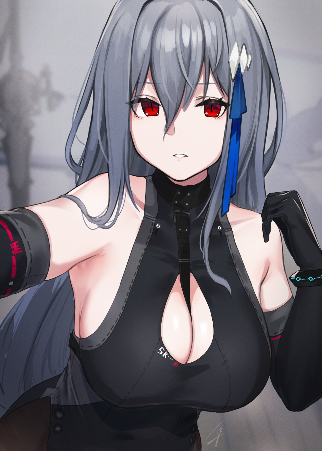 1girl arknights bangs black_gloves blue_ribbon breasts cleavage_cutout clothing_cutout collar commentary_request dress elbow_gloves eyebrows_visible_through_hair gloves grey_hair hair_ribbon hayabusa highres large_breasts long_hair looking_at_viewer pantyhose parted_lips red_eyes ribbon sidelocks skadi_(arknights) slit_pupils solo