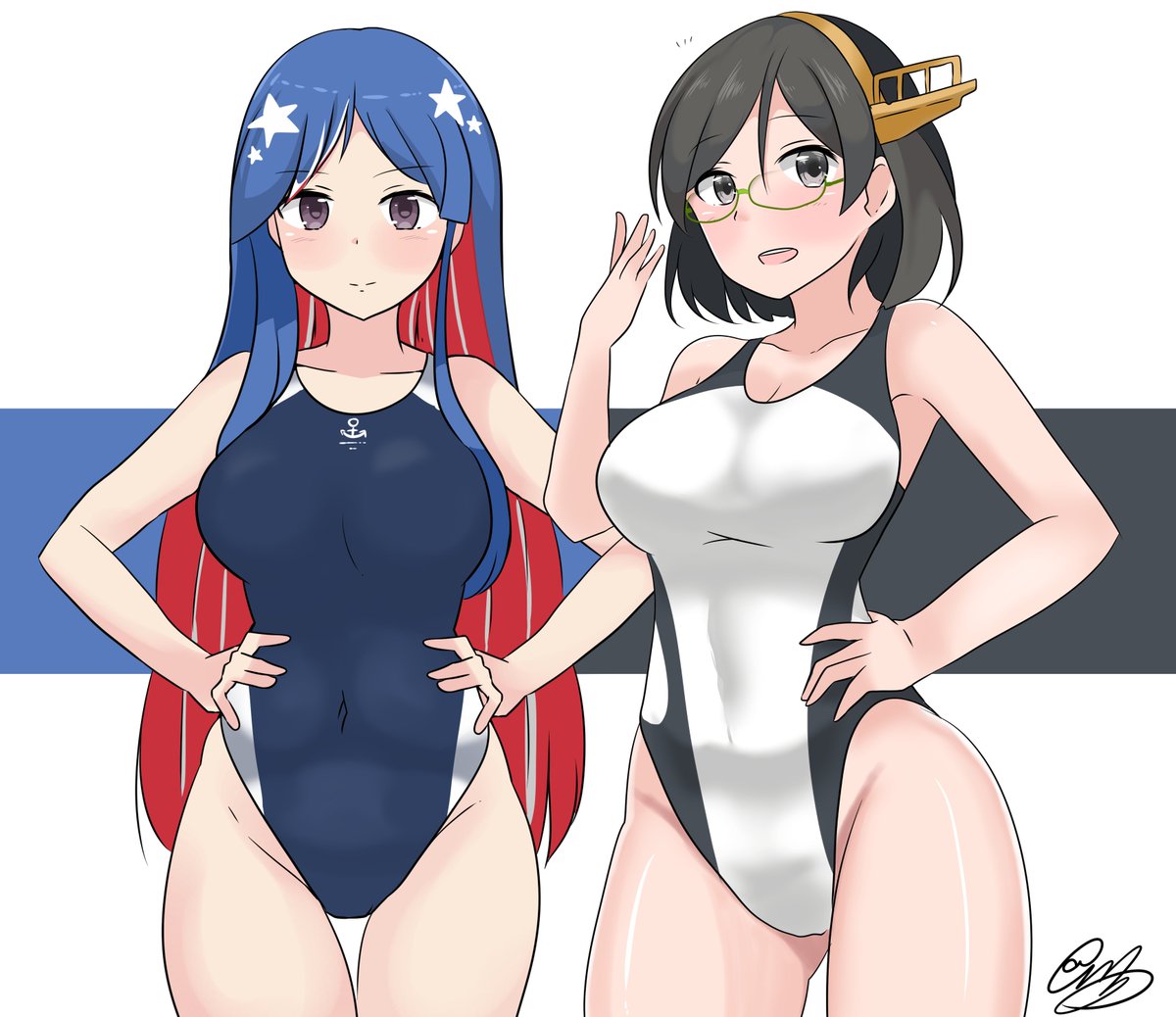 2girls :d alternate_costume black_hair blue_hair breasts competition_swimsuit eyebrows_visible_through_hair glasses green-framed_eyewear grey_eyes headgear kantai_collection kirishima_(kantai_collection) large_breasts long_hair looking_at_viewer multicolored_hair multiple_girls noruren one-piece_swimsuit open_mouth redhead remodel_(kantai_collection) short_hair signature simple_background smile south_dakota_(kantai_collection) star_(symbol) swimsuit violet_eyes white_hair