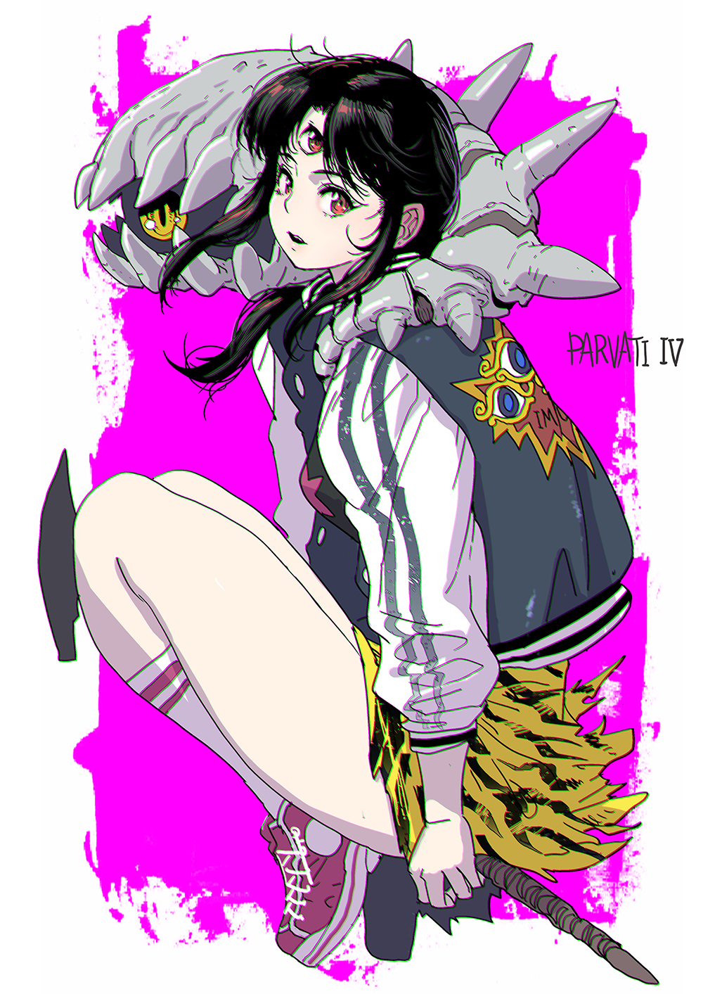 1girl 3x3_eyes animal_print ayanokouji_pai bangs black_hair butcherboy chromatic_aberration extra_eyes hair_behind_ear highres hueio jacket letterman_jacket medium_hair monster one-eyed open_mouth parted_bangs parvati_iv shoes sitting skirt sneakers solo tiger_print yellow_eyes