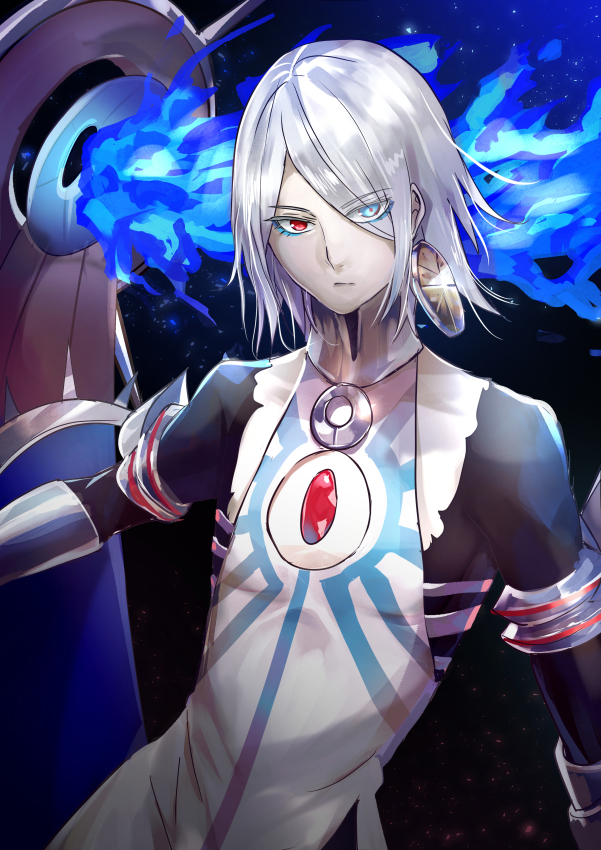 1boy armlet blue_eyes blue_fire closed_mouth earrings eyebrows_visible_through_hair eyes_visible_through_hair fate/extella fate/extella_link fate/extra fate/grand_order fate_(series) fire flame gem grey_hair hair_over_one_eye heterochromia jewelry karna_(fate) makeup male_focus red_eyes sagta_panggang single_earring solo