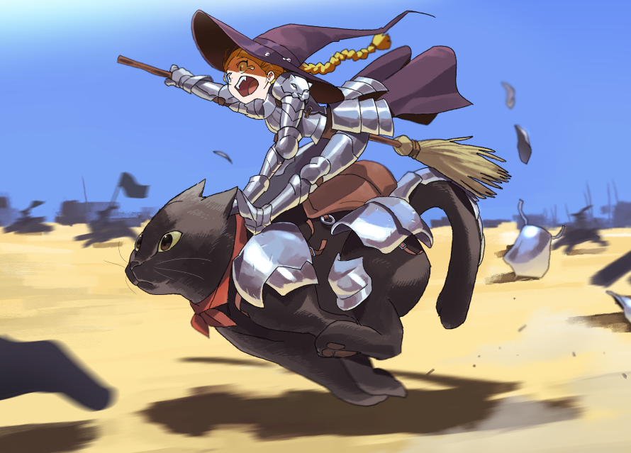 1girl 3others animal armor blue_sky broom brown_eyes cat closed_mouth crying fangs flag gauntlets greaves hat holding holding_broom holding_flag multiple_others open_mouth original outdoors oversized_animal pauldrons purple_headwear racing riding running saddle sand shoulder_armor sky tears teeth tongue toot upper_teeth vambraces witch witch_hat yellow_sclera