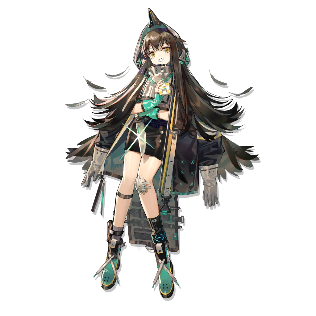 1girl arknights bangs bare_legs black_coat black_skirt boots brown_hair coat coat_on_shoulders feathers full_body green_footwear grin headgear holding holding_knife holding_weapon kafka_(arknights) knife leg_strap long_hair looking_at_viewer miniskirt norizc official_art open_clothes open_coat pencil_skirt reverse_grip skirt smile solo transparent_background very_long_hair weapon yellow_eyes