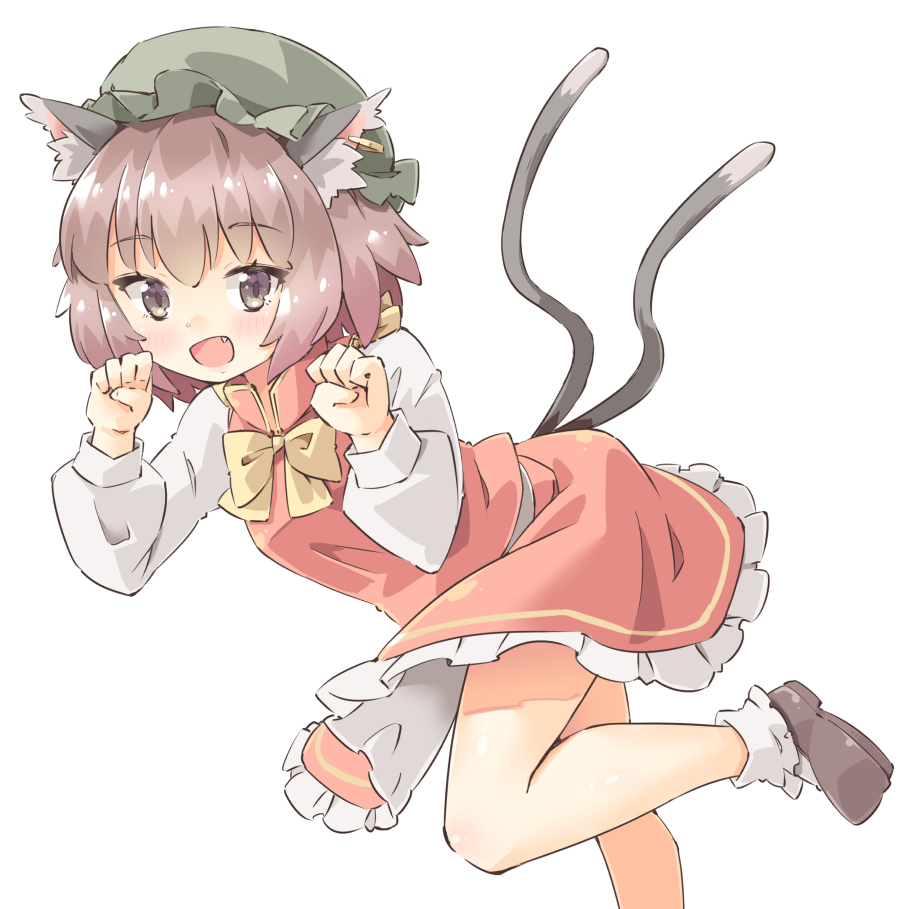 1girl :d animal_ear_fluff animal_ears arnest bobby_socks bow bowtie brown_hair cat_ears cat_tail chen chinese_clothes eyebrows_visible_through_hair fang frilled_skirt frills green_headwear hat high_collar jewelry leaning_forward leg_up long_sleeves mob_cap multiple_tails open_mouth paw_pose red_skirt red_vest shirt short_hair single_earring skirt skirt_set smile socks solo standing standing_on_one_leg tail touhou two_tails vest white_legwear white_shirt yellow_neckwear