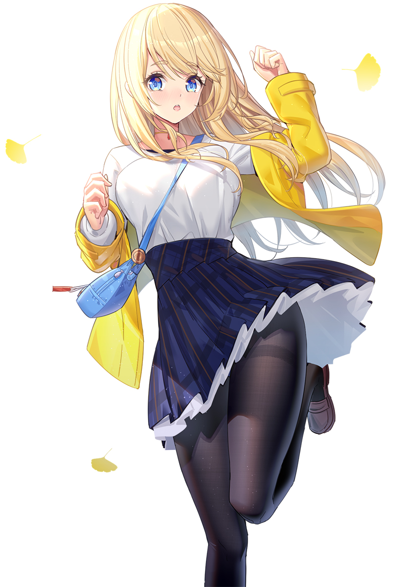 1girl :o arm_up bag bangs black_legwear blonde_hair blue_eyes blue_skirt blush breasts brown_footwear commentary_request eyebrows_visible_through_hair floating_hair ginkgo_leaf hair_between_eyes highres jacket loafers long_hair long_sleeves looking_at_viewer medium_breasts off_shoulder open_clothes open_jacket original pantyhose parted_lips pleated_skirt ririko_(zhuoyandesailaer) saegusa_futaba shirt shoes shoulder_bag simple_background skirt solo standing standing_on_one_leg thick_eyebrows thighband_pantyhose very_long_hair white_background white_shirt yellow_jacket