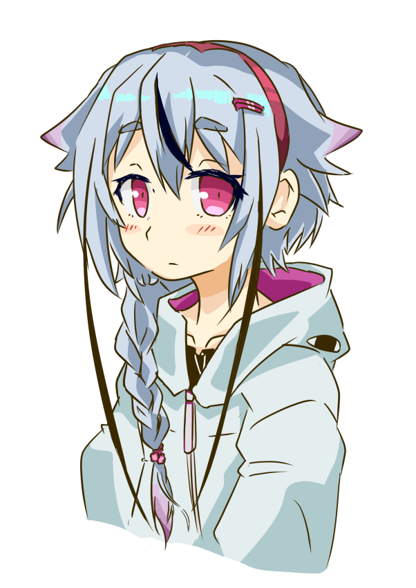 1other blue_hair blue_hoodie blush_stickers braid commentary cropped_torso expressionless eye_print eyebrows_visible_through_hair hair_flaps hair_ornament hairband hairclip hood hoodie long_hair looking_at_viewer meika_mikoto multicolored_hair pink_eyes streaked_hair thick_eyebrows upper_body vocaloid white_background yamainu_luna