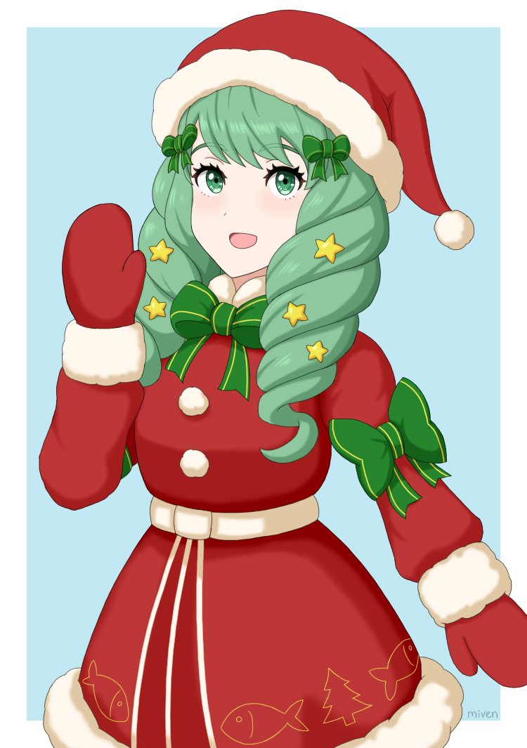 1girl animal_print artist_name child christmas cute fire_emblem fire_emblem:_three_houses fire_emblem:_three_houses fire_emblem_16 fire_emblem_heroes fish_print flayn_(fire_emblem) gloves green_eyes green_hair green_ribbon hair_ribbon hairpin intelligent_systems loli long_hair looking_at_viewer miven moe nintendo ribbon santa_costume santa_hat solo star super_smash_bros. tree_print twintails