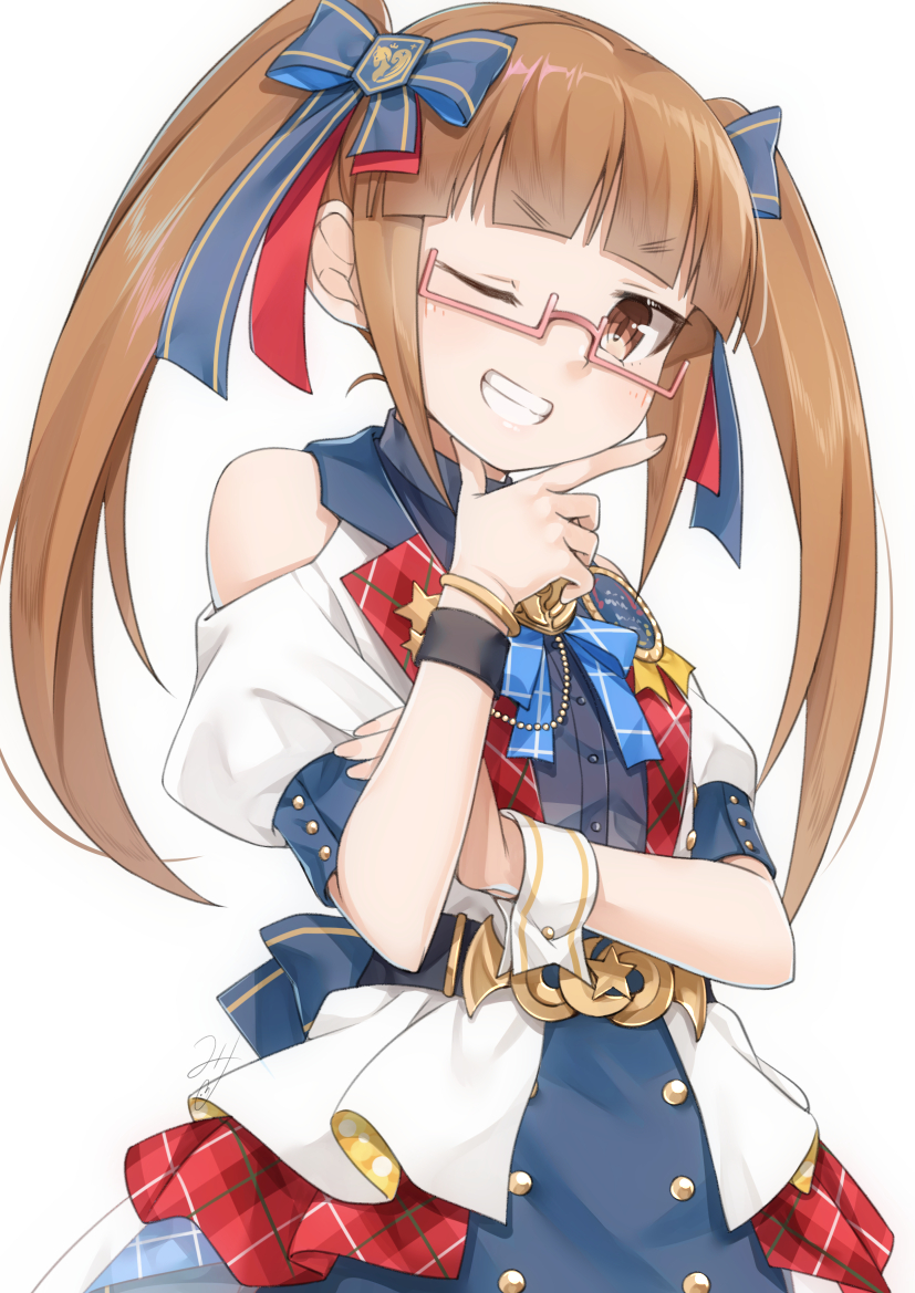1girl bangle blue_bow blue_dress blush bow bracelet brown_eyes brown_hair clothing_cutout commentary_request dress glasses grin hair_bow hand_on_own_chin hand_up idolmaster idolmaster_cinderella_girls ikebukuro_akiha jewelry long_hair looking_at_viewer miri_(ago550421) one_eye_closed pink-framed_eyewear puffy_short_sleeves puffy_sleeves semi-rimless_eyewear shirt short_sleeves shoulder_cutout simple_background smile solo striped striped_bow twintails under-rim_eyewear very_long_hair white_background white_shirt