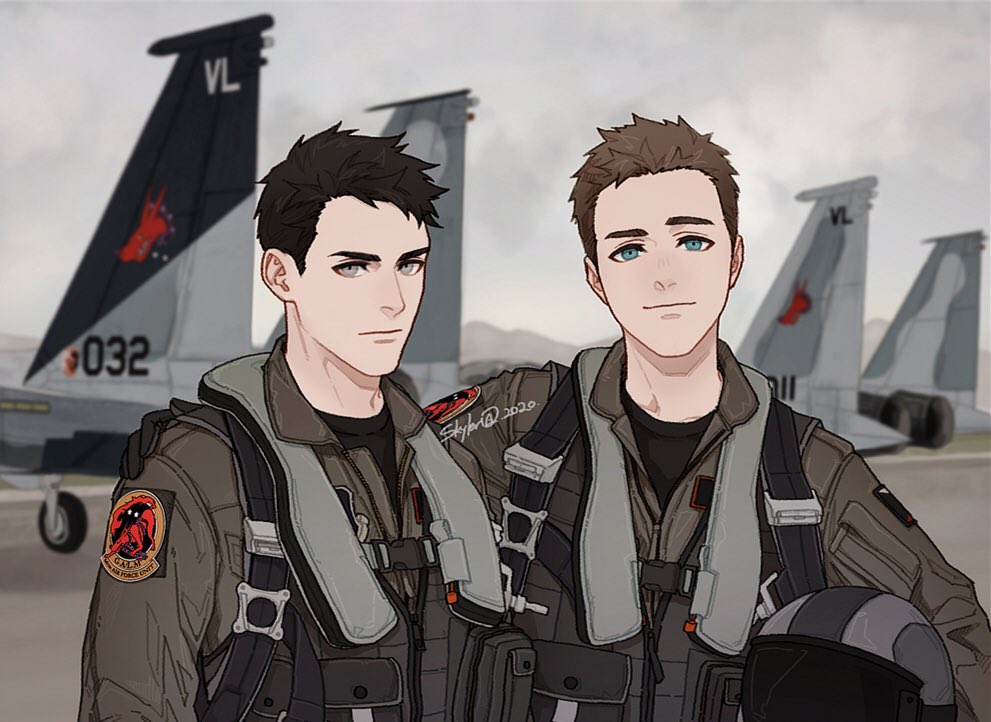 2boys ace_combat ace_combat_zero aircraft airplane arm_around_shoulder black_hair blonde_hair blue_eyes cipher_(ace_combat) emblem f-15_eagle fighter_jet friends galm_team grey_eyes harness holding jet larry_foulke light_smile looking_at_viewer military military_vehicle multiple_boys patch pilot pilot_helmet pilot_suit signature skyleranderton