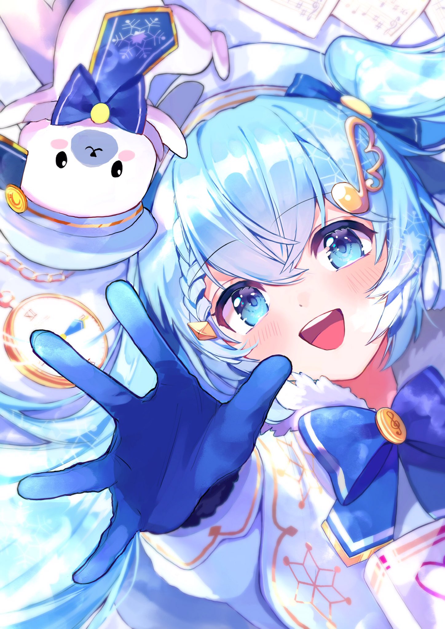 1girl 1other beret blue_bow blue_gloves blue_neckwear blue_tabard blush blush_stickers book bow bowtie braid braided_bangs capelet clock commentary foreshortening fur-trimmed_capelet fur_trim gloves gold_trim hair_ornament hat hatsune_miku highres light_blue_eyes light_blue_hair looking_at_viewer lying mocaru_62 musical_note_hair_ornament on_back open_mouth outstretched_arm rabbit rabbit_yukine sheet_music smile snowflake_print stopwatch tabard treble_clef upside-down vocaloid watch white_capelet white_headwear yuki_miku yuki_miku_(2021)