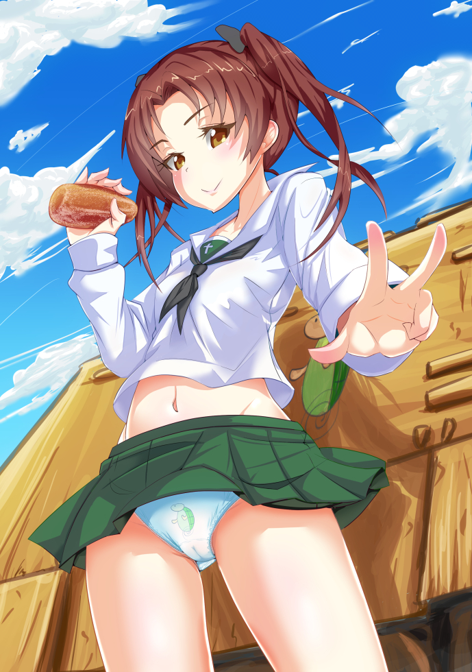 1girl blush breasts brown_eyes brown_hair chips clouds day food girls_und_panzer ground_vehicle jagdpanzer_38(t) kadotani_anzu long_hair military military_vehicle motor_vehicle navel ooarai_school_uniform panties potato_chips rabittofaa school_uniform shirt skirt sky small_breasts smile standing tank tank_destroyer twintails underwear v