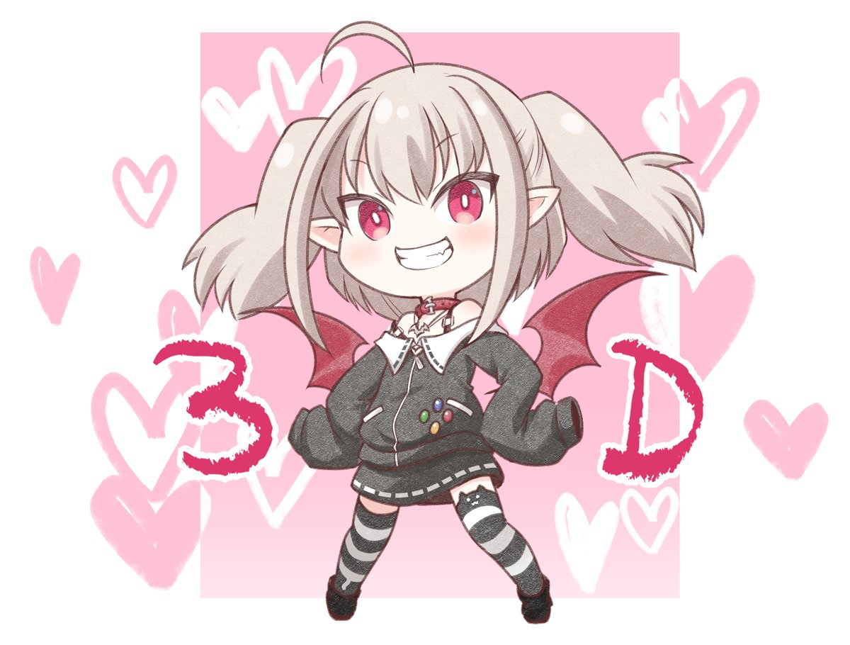 1girl ahoge animal_band_legwear bangs bare_shoulders black_footwear black_jacket black_skirt brown_hair cat_band_legwear chibi collar commentary_request demon_wings eyebrows_visible_through_hair full_body grin hands_on_hips heart jacket kadose_ara long_sleeves looking_at_viewer makaino_ririmu mismatched_legwear nijisanji off-shoulder_jacket pink_background pointy_ears red_collar red_eyes red_wings ribbon-trimmed_skirt ribbon_trim shoes skirt sleeves_past_fingers sleeves_past_wrists smile solo striped striped_legwear thigh-highs two-tone_background two_side_up v-shaped_eyebrows virtual_youtuber white_background wings
