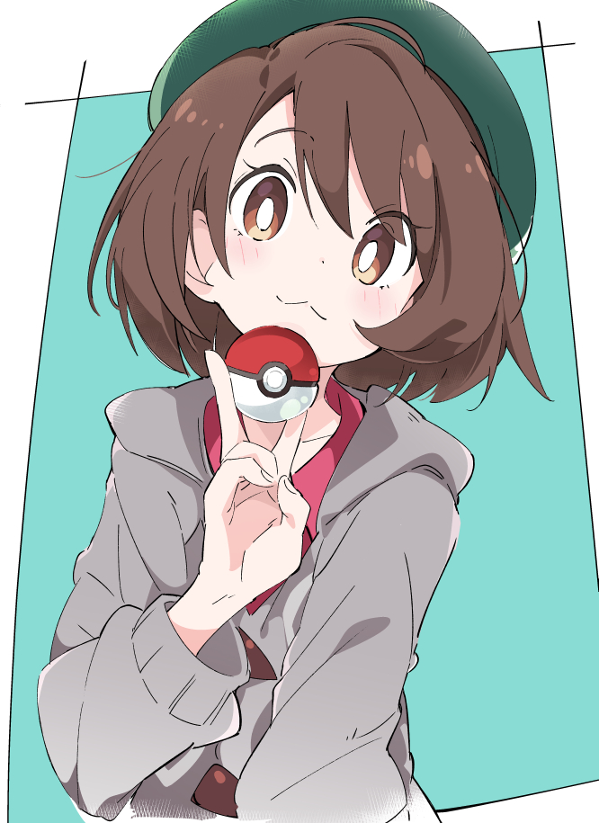 1girl aqua_background blush brown_eyes brown_hair cardigan closed_mouth gloria_(pokemon) green_headwear grey_cardigan hat holding holding_poke_ball ixy long_sleeves looking_at_viewer poke_ball poke_ball_(basic) pokemon pokemon_(game) pokemon_swsh short_hair tam_o'_shanter two-tone_background white_background