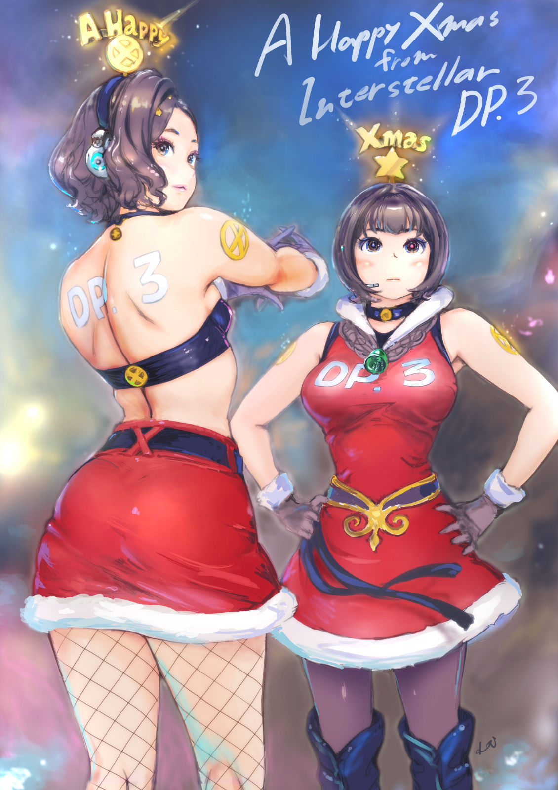 2girls alternate_costume ass bare_shoulders bikini bikini_top bob_cut body_writing boots breasts brooch brown_eyes brown_hair carina_(xiaowoo) choker christmas collar collared_dress dress embroidered_dress fishnet_legwear fishnets forehead fur_trim glint gloves gold hair_intakes hands_on_hips headband headphones highres ishikawa_purin jewelry kishi_mieko lipstick looking_at_viewer looking_back makeup medium_breasts merry_christmas microphone midriff multiple_girls original pantyhose pendant_choker red_dress santa_costume short_dress short_hair shoulder_blades sideboob skirt sleeveless sleeveless_dress small_breasts stretch stretched_limb swimsuit tattoo thigh-highs thigh_boots tsurime