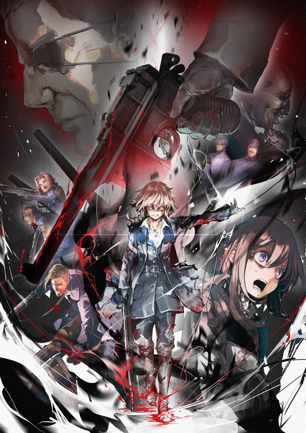 2girls 6+boys bangs blonde_hair blood blood_splatter blood_stain brown_hair character_request eyepatch gloves grin gun hair_between_eyes hat highres holding holding_weapon jewelry long_hair long_sleeves looking_at_viewer military military_uniform multiple_boys multiple_girls necklace neichiru open_mouth ponytail rifle short_hair smile tagme tanya_degurechaff uniform viktoriya_ivanovna_serebryakov weapon yellow_eyes youjo_senki