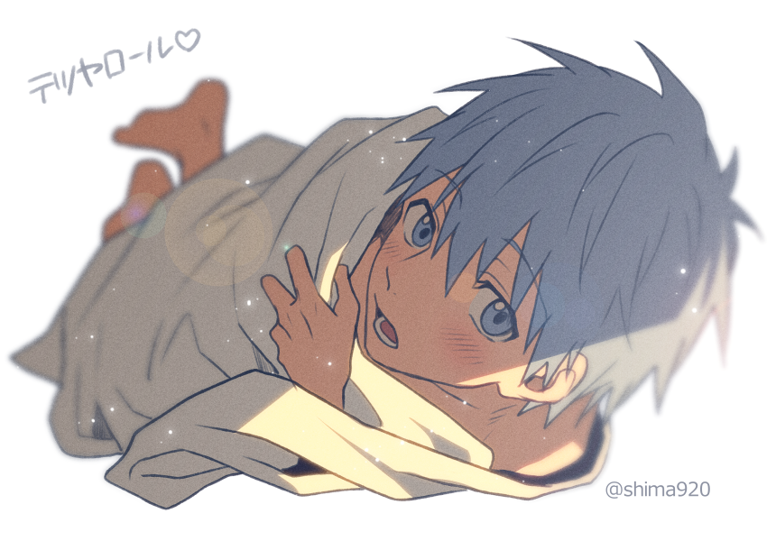 1boy bangs barefoot bed_sheet blue_eyes blue_hair blurry blush commentary_request depth_of_field eyebrows_visible_through_hair grey_background hair_between_eyes kuroko_no_basuke kuroko_tetsuya lens_flare light_particles looking_at_viewer lower_teeth male_focus mashima_shima naked_sheet open_mouth short_hair simple_background solo translation_request twitter_username