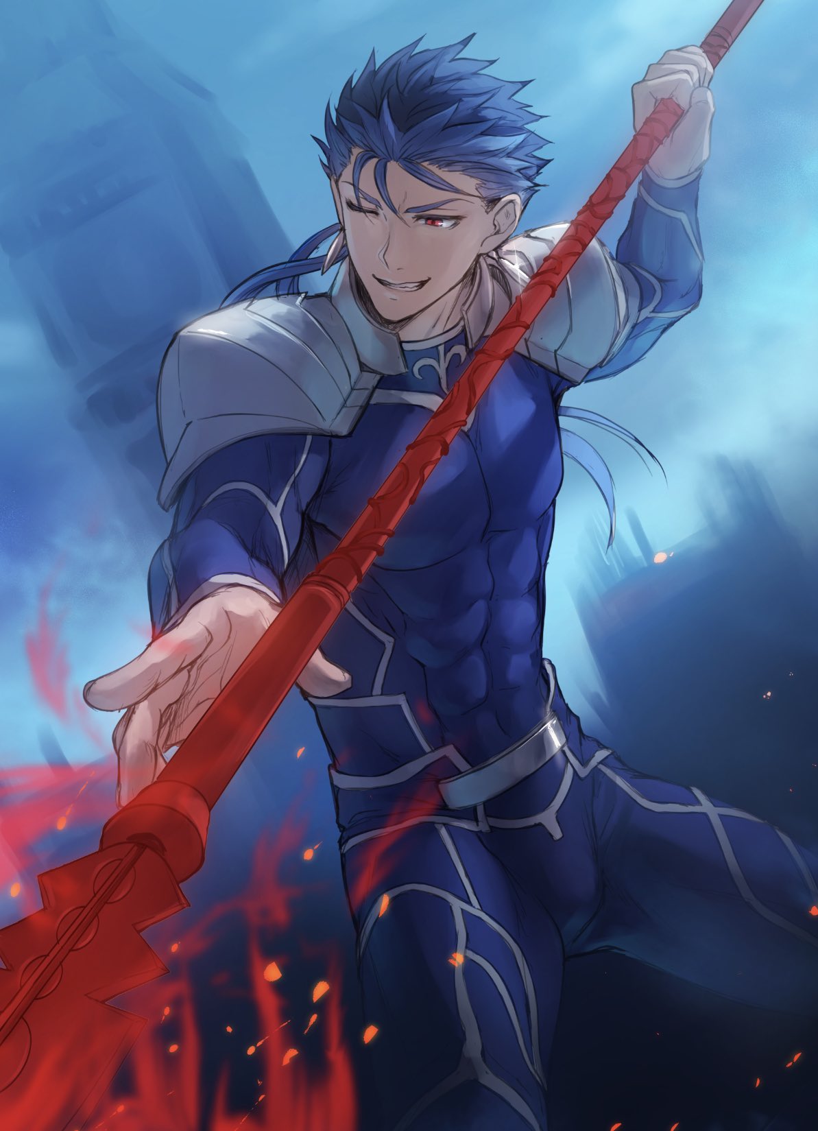 1boy armor blue_bodysuit blue_hair bodysuit commentary_request covered_abs cu_chulainn_(fate)_(all) earrings elizabeth_tower fate/stay_night fate_(series) gae_bolg grin highres holding holding_spear holding_weapon jewelry lancer long_hair male_focus mondi_hl one_eye_closed polearm ponytail red_eyes smile solo spear teeth weapon