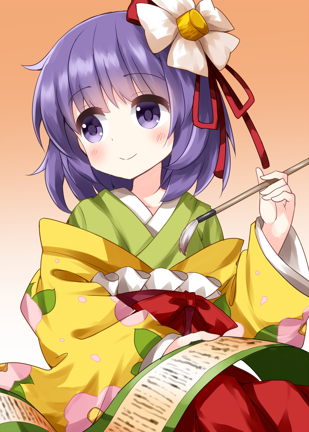 1girl bangs calligraphy_brush closed_mouth eyebrows_visible_through_hair floral_print flower flower_on_head gradient gradient_background green_kimono hair_ornament hair_ribbon hakama hieda_no_akyuu highres holding holding_brush holding_scroll japanese_clothes kimono long_sleeves looking_to_the_side orange_background paintbrush pink_flower purple_hair red_hakama red_ribbon ribbon ruu_(tksymkw) scroll short_hair sitting smile solo touhou violet_eyes white_flower wide_sleeves yellow_sleeves