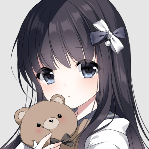 1girl bangs black_bow black_hair black_sailor_collar blush bow closed_mouth commentary_request eyebrows_visible_through_hair grey_background grey_eyes hair_bow loading_(verjuice) long_hair looking_at_viewer lowres object_hug original sailor_collar school_uniform serafuku shirt simple_background solo stuffed_animal stuffed_toy teddy_bear upper_body white_bow white_shirt