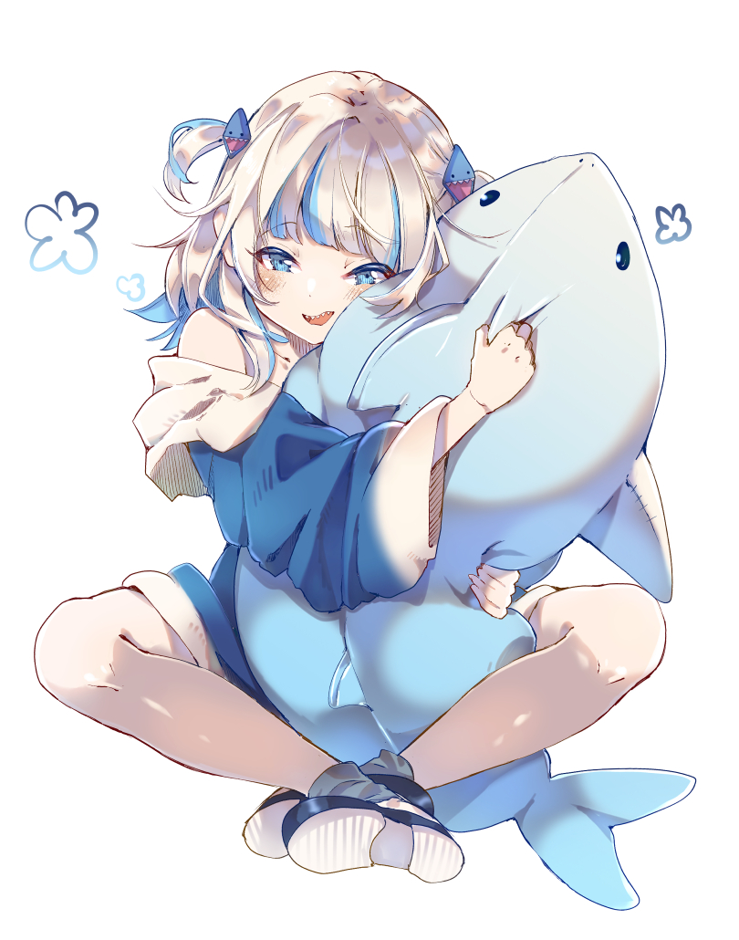 1girl artist_request bangs bare_shoulders blue_eyes blue_hair blunt_bangs crossed_ankles fish_tail gawr_gura hair_ornament hololive hololive_english holomyth hug long_sleeves medium_hair multicolored_hair shark shark_girl shark_hair_ornament shark_print shark_tail sharp_teeth shoes silver_hair sitting sleeves_past_wrists sneakers socks solo streaked_hair stuffed_toy tail teeth two-tone_hair two_side_up virtual_youtuber white_background white_hair wide_sleeves