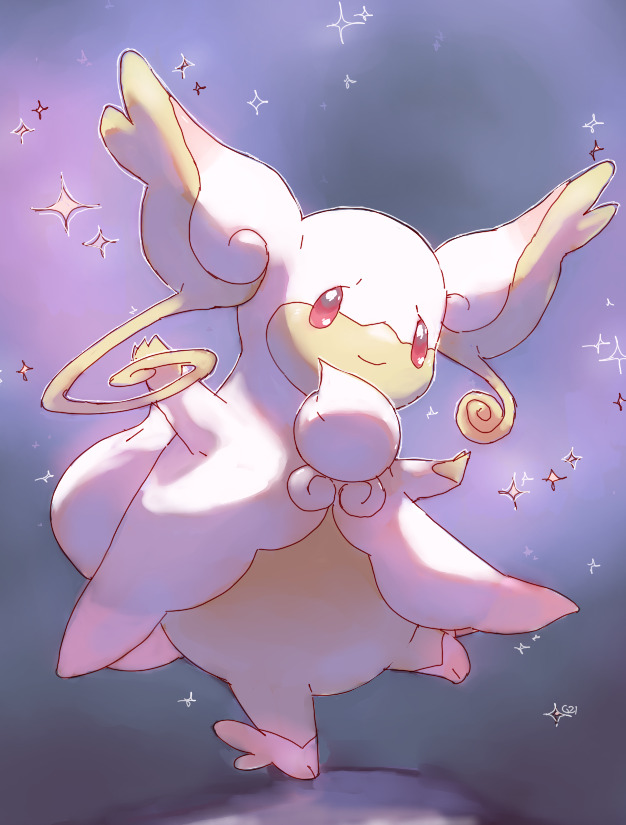 audino closed_mouth commentary creature dancing english_commentary full_body gen_5_pokemon looking_at_viewer mega_audino mega_pokemon no_humans pink_eyes pinkgermy pokemon pokemon_(creature) purple_background simple_background smile solo sparkle