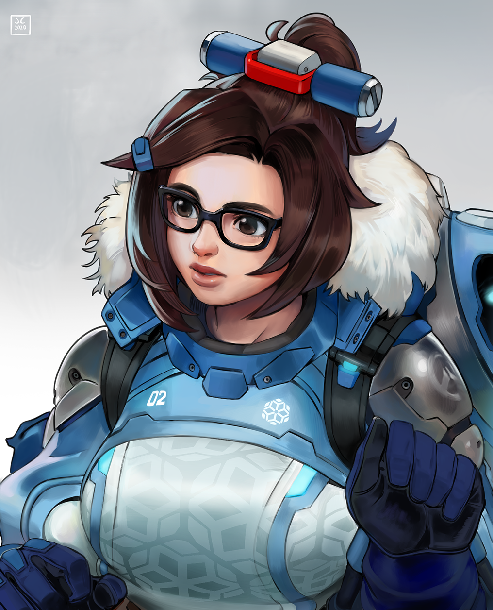 1girl armor black-framed_eyewear blue_gloves breasts brown_eyes brown_hair english_commentary fur_collar glasses gloves grey_background highres john_crayton large_breasts lips mei_(overwatch) nose overwatch overwatch_2 short_hair short_ponytail shoulder_armor snowball_(overwatch) solo thick_eyebrows upper_body