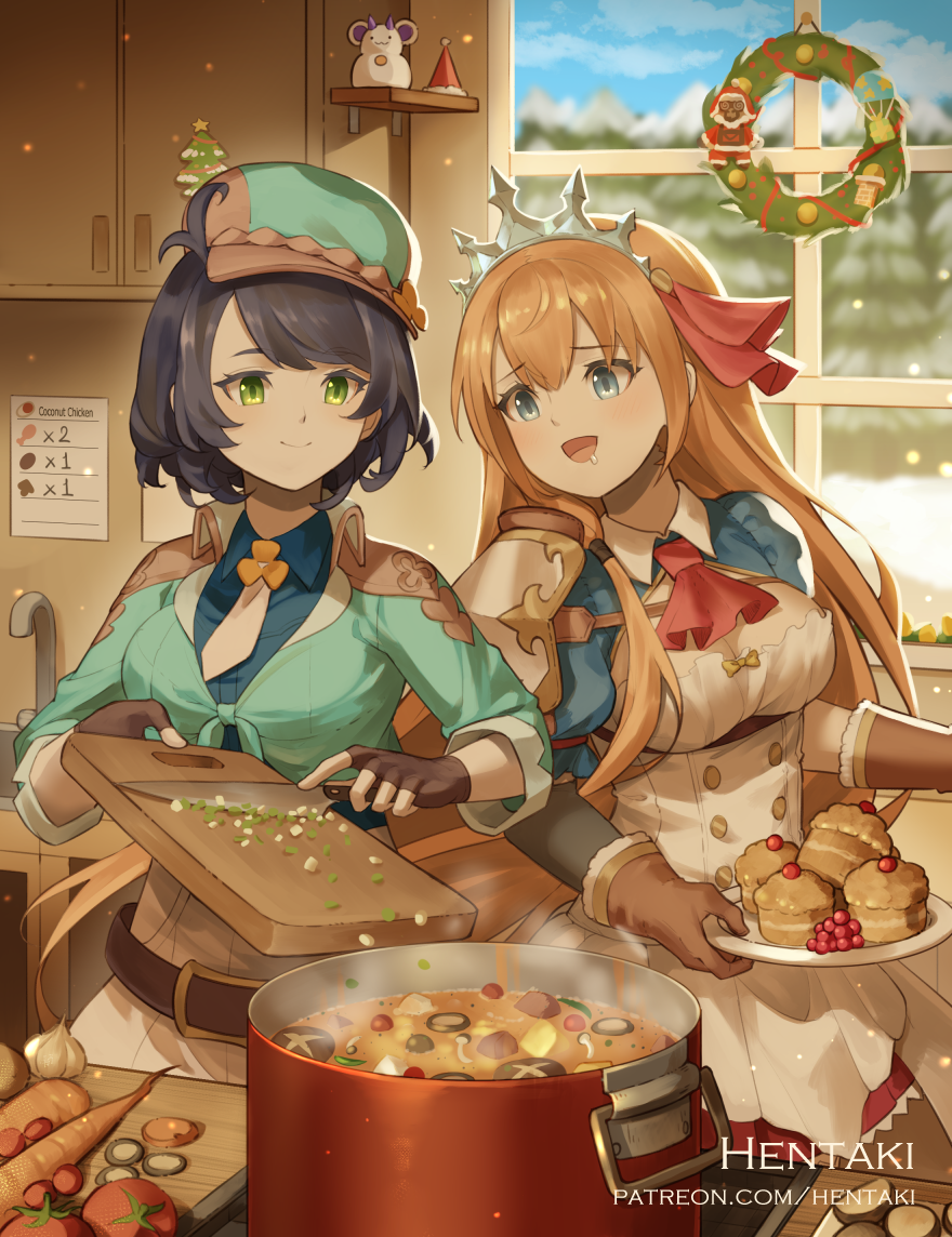 2girls :d armor artist_name ascot bangs black_gloves black_hair blue_eyes blue_shirt breasts brown_gloves brown_hair cabbie_hat christmas_wreath closed_mouth collared_shirt commentary cooking crossover cutting_board day dragalia_lost drooling english_commentary eyebrows_visible_through_hair fingerless_gloves gloves green_eyes green_headwear green_jacket hair_between_eyes hat hentaki holding holding_knife holding_plate indoors jacket knife long_hair long_sleeves medium_breasts mitsuba_(dragalia_lost) multiple_girls open_mouth pauldrons pecorine_(princess_connect!) plate pot princess_connect! princess_connect!_re:dive puffy_short_sleeves puffy_sleeves red_neckwear saliva shirt short_hair short_sleeves shoulder_armor shrug_(clothing) single_pauldron skirt smile tiara very_long_hair watermark web_address white_skirt window