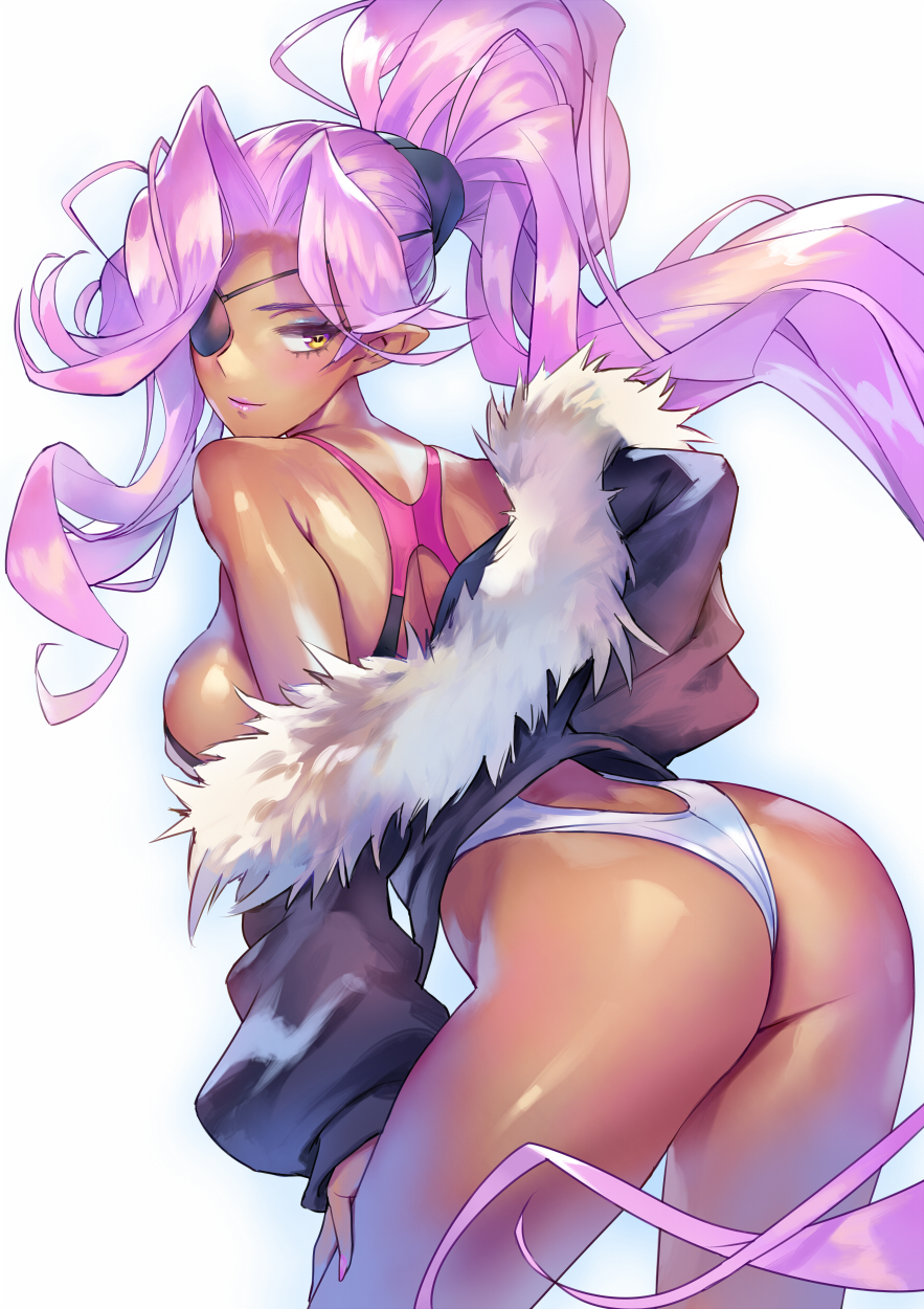 1girl ass bare_shoulders black_jacket blush breasts commentary_request cowboy_shot dark_skin eyepatch floating_hair from_behind fur-trimmed_jacket fur_trim highres jacket large_breasts long_hair long_ponytail long_sleeves looking_at_viewer looking_back matsuda_(matsukichi) off_shoulder original pointy_ears ponytail purple_hair simple_background smile solo standing thighs white_background yellow_eyes