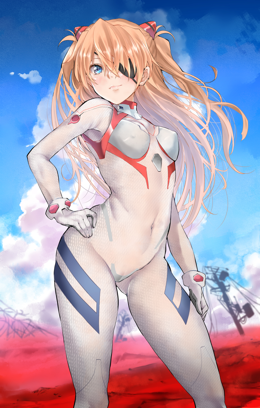 1girl bodysuit erect_nipples hand_on_hip highres interface_headset long_hair neon_genesis_evangelion plugsuit skin_tight sky souryuu_asuka_langley tororo_ten twintails utility_pole white_bodysuit