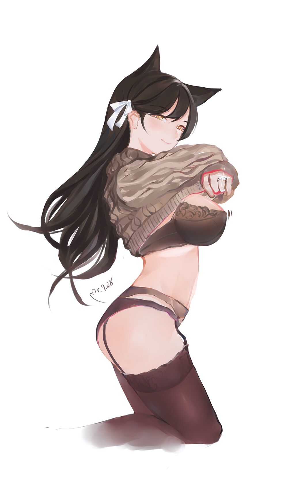 1girl animal_ears ass atago_(azur_lane) azur_lane bra breasts brown_bra brown_hair brown_legwear brown_sweater eyebrows_visible_through_hair feet_out_of_frame from_side garter_belt highres jewelry large_breasts long_hair looking_at_viewer ring solo sweater thigh-highs underwear undressing wedding_ring yellow_eyes yueguang_zhanglang