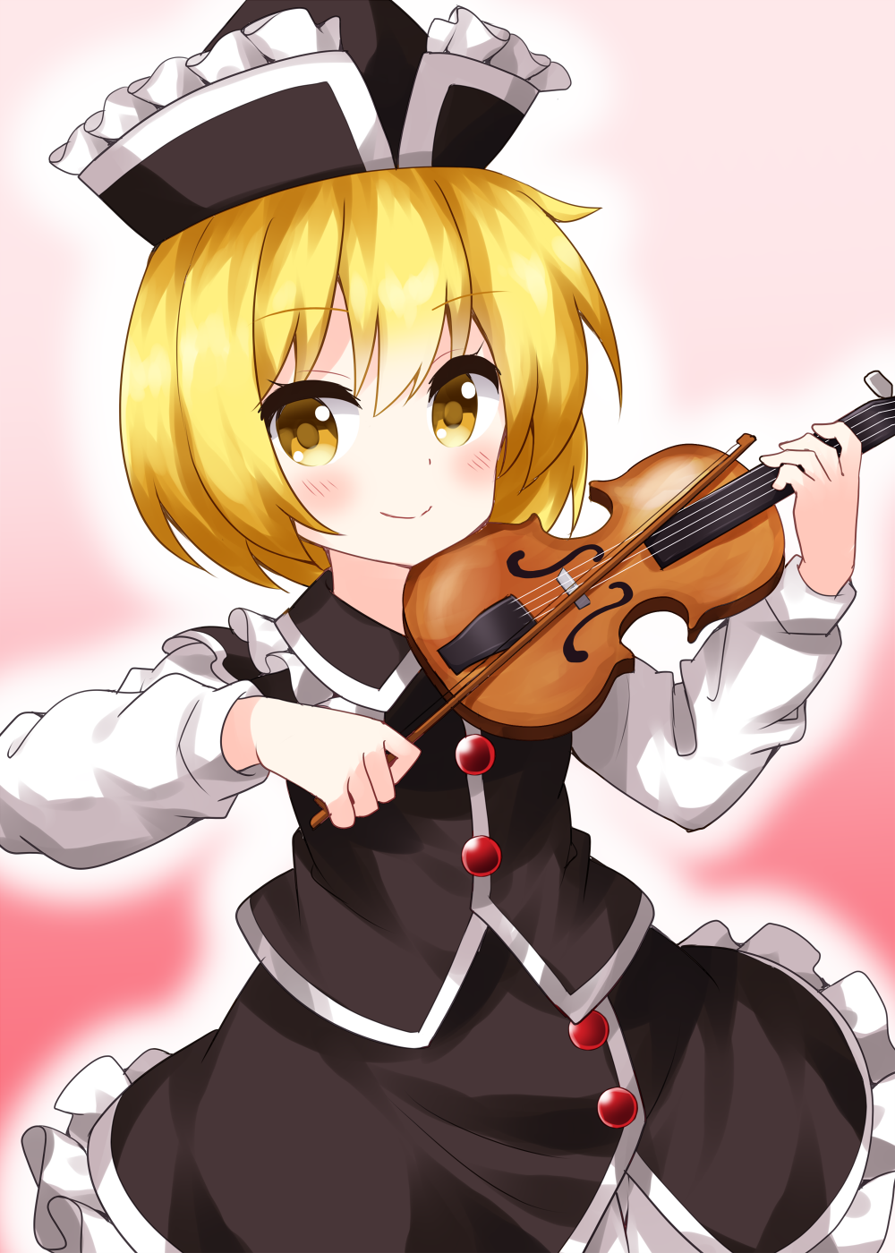 1girl bangs black_headwear black_skirt black_vest blonde_hair bow bow_(instrument) buttons closed_mouth cowboy_shot eyebrows_visible_through_hair frilled_hat frilled_skirt frills gradient gradient_background hat highres holding holding_bow holding_instrument instrument long_sleeves looking_at_viewer lunasa_prismriver music pink_background playing_instrument ruu_(tksymkw) short_hair skirt skirt_set smile solo standing touhou vest violin yellow_eyes