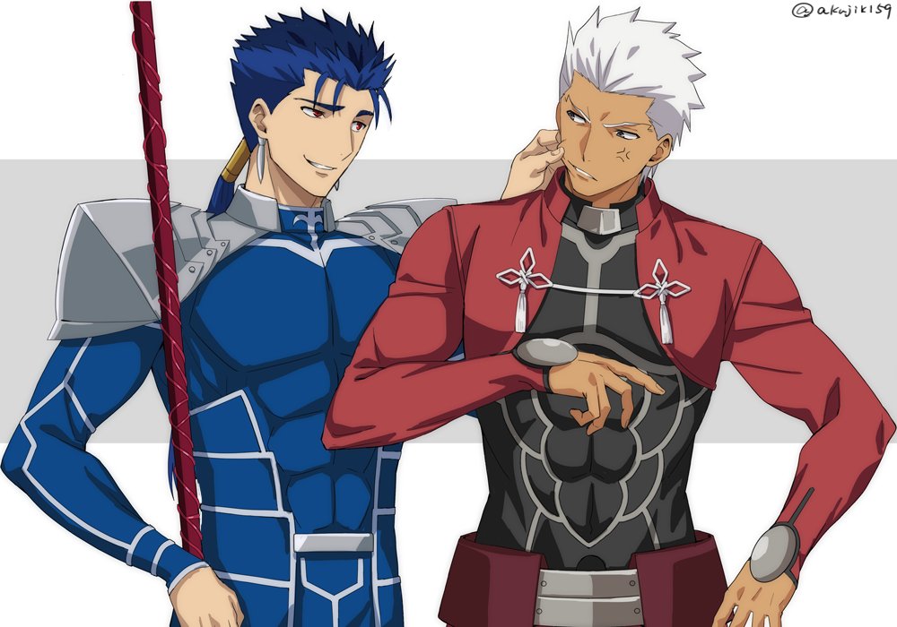 2boys akujiki59 archer blue_hair commentary_request cu_chulainn_(fate)_(all) dark_skin dark_skinned_male earrings fate/stay_night fate_(series) gae_bolg grey_hair jewelry lancer long_hair male_focus multiple_boys polearm ponytail red_eyes short_hair smile spear weapon white_hair