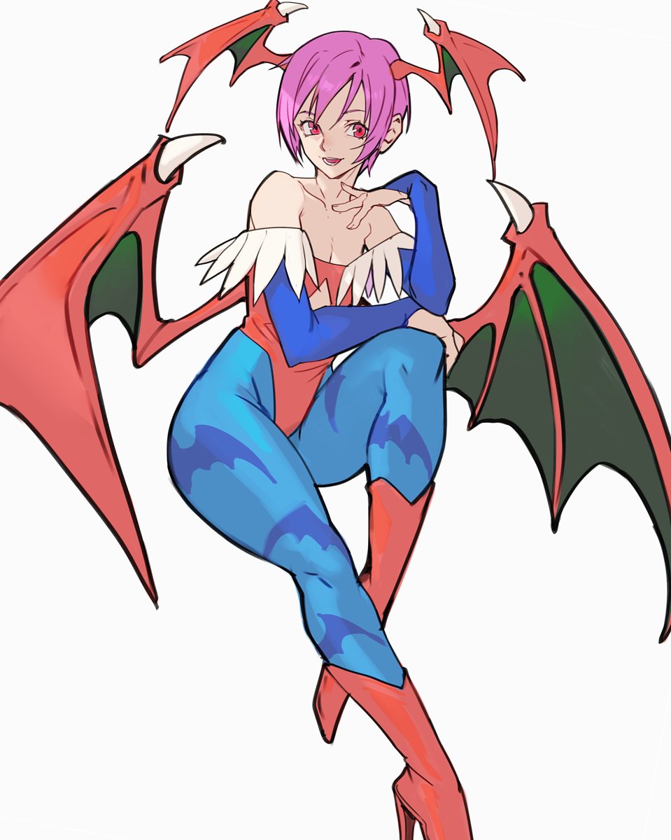 1girl animal_print bat_print bat_wings bridal_gauntlets demon_girl flat_chest head_wings highres leotard lilith_aensland looking_at_viewer print_legwear purple_hair red_eyes red_leotard short_hair smile solo succubus uncle_rabbit_ii vampire_(game) wings