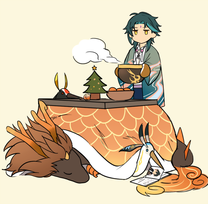 1boy animal book border0715 bowl christmas_tree cloud_retainer dragon facial_mark food forehead_mark fruit genshin_impact green_hair holding jewelry kotatsu mountain_shaper multicolored_hair necklace no_mouth orange oven_mitts rex_lapis_(genshin_impact) simple_background steam table tail xiao_(genshin_impact) yellow_background yellow_eyes