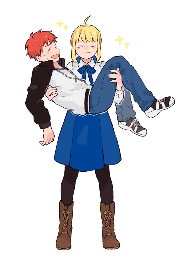 &gt;:) 1boy 1girl :d ahoge artoria_pendragon_(all) blonde_hair carrying closed_eyes emiya_shirou fate/stay_night fate_(series) full_body jacket open_mouth princess_carry redhead ribbon saber simple_background smile sparkle sweat trimcoco white_background