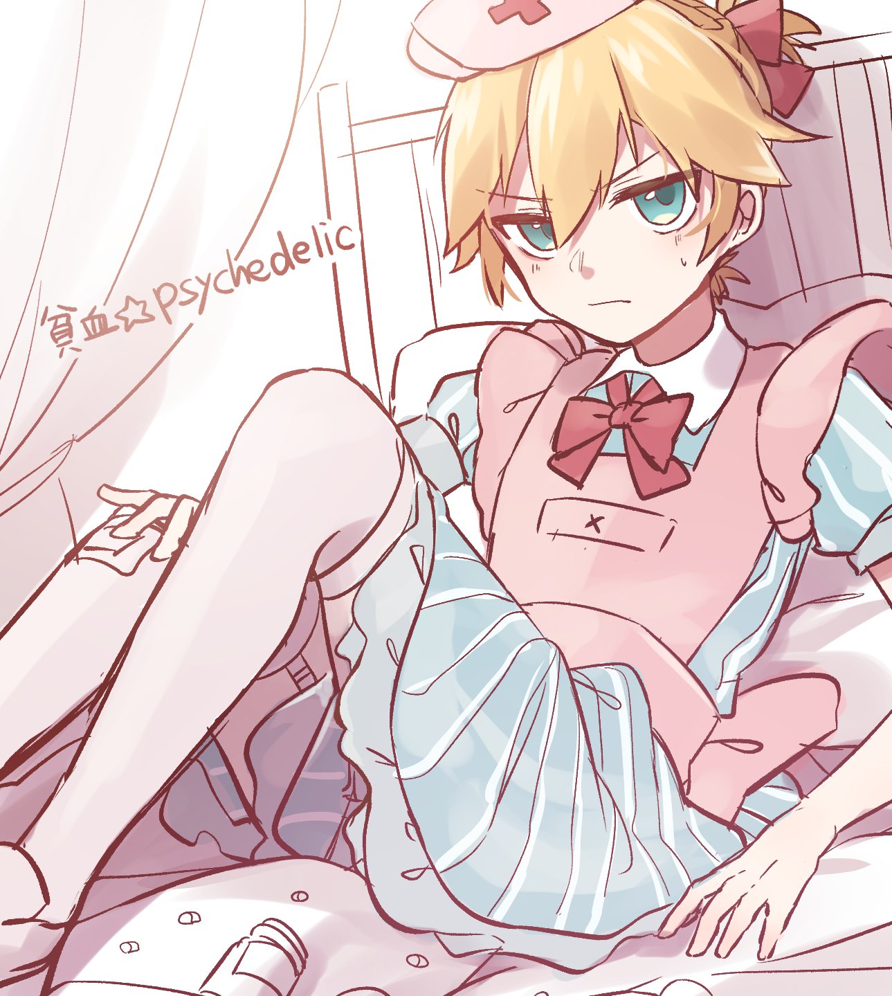 1boy apron aqua_eyes bed blonde_hair blue_dress bottle commentary cross crossdressinging dress frown hat highres kagamine_len knees_up looking_at_viewer male_focus nurse nurse_cap pink_apron pink_legwear short_ponytail sitting solo song_name soramame_pikuto striped striped_dress sweat thigh-highs v-shaped_eyebrows vocaloid
