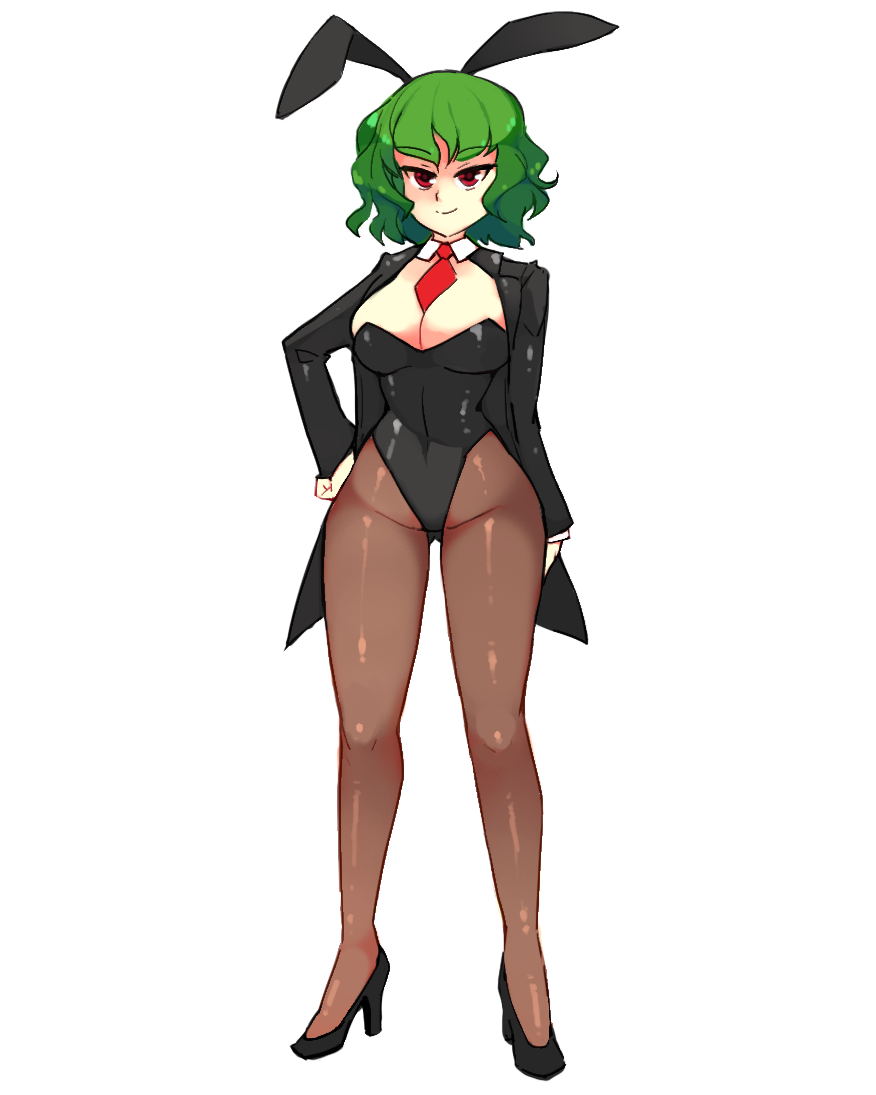 1girl alternate_costume animal_ears arm_at_side black_footwear breasts commentary eyebrows_visible_through_hair full_body green_hair hand_on_hip high_heels kazami_yuuka large_breasts long_sleeves looking_at_viewer mini_necktie pantyhose playboy_bunny rabbit_ears red_eyes red_neckwear rtil shoes short_hair simple_background solo standing touhou white_background