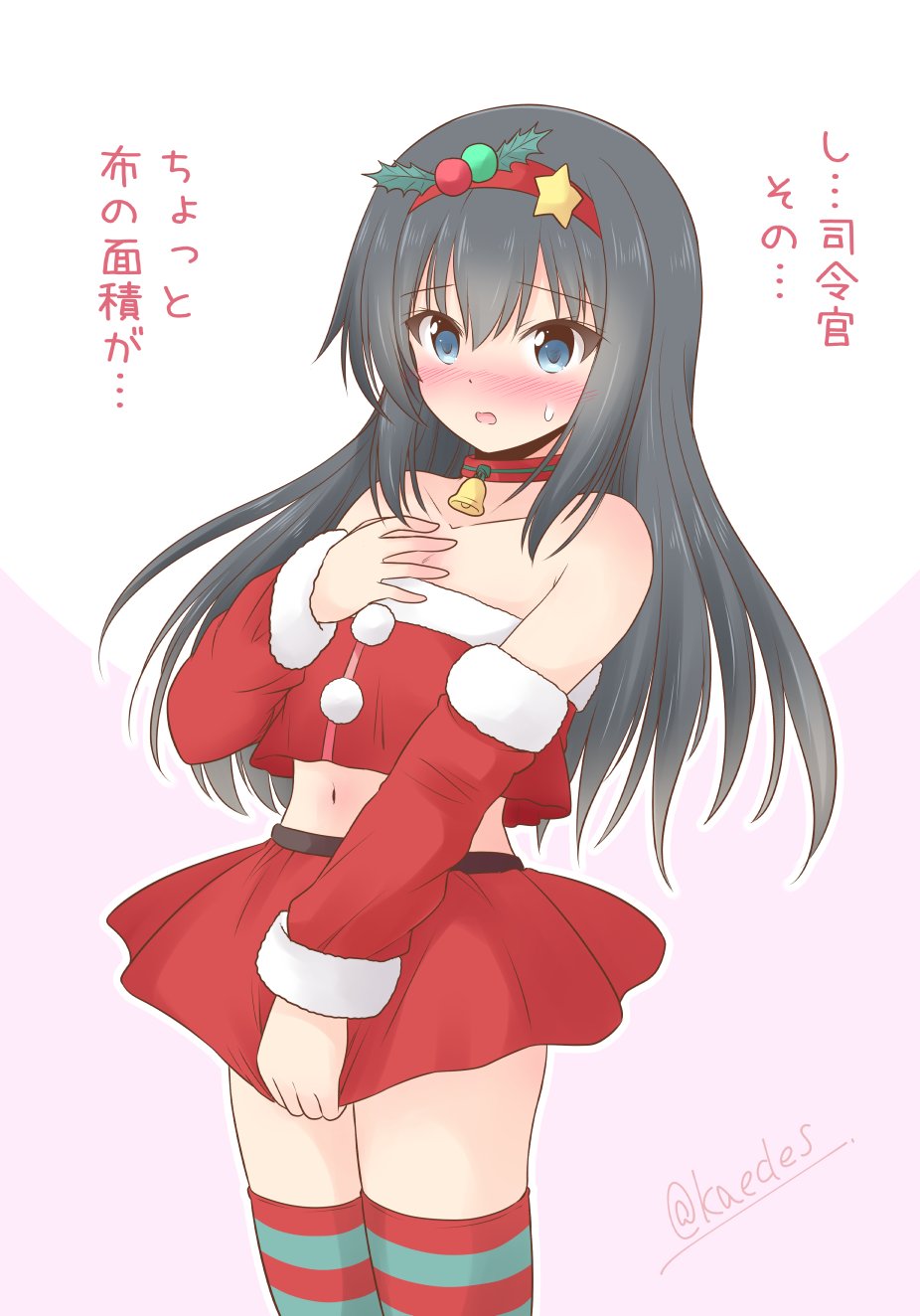 1girl alternate_costume asashio_(kantai_collection) bare_shoulders bell black_hair blue_eyes collarbone commentary_request cowboy_shot crop_top detached_sleeves hairband hand_on_own_chest highres icesherbet kantai_collection long_hair midriff navel pleated_skirt red_hairband red_skirt skirt solo striped striped_legwear translation_request
