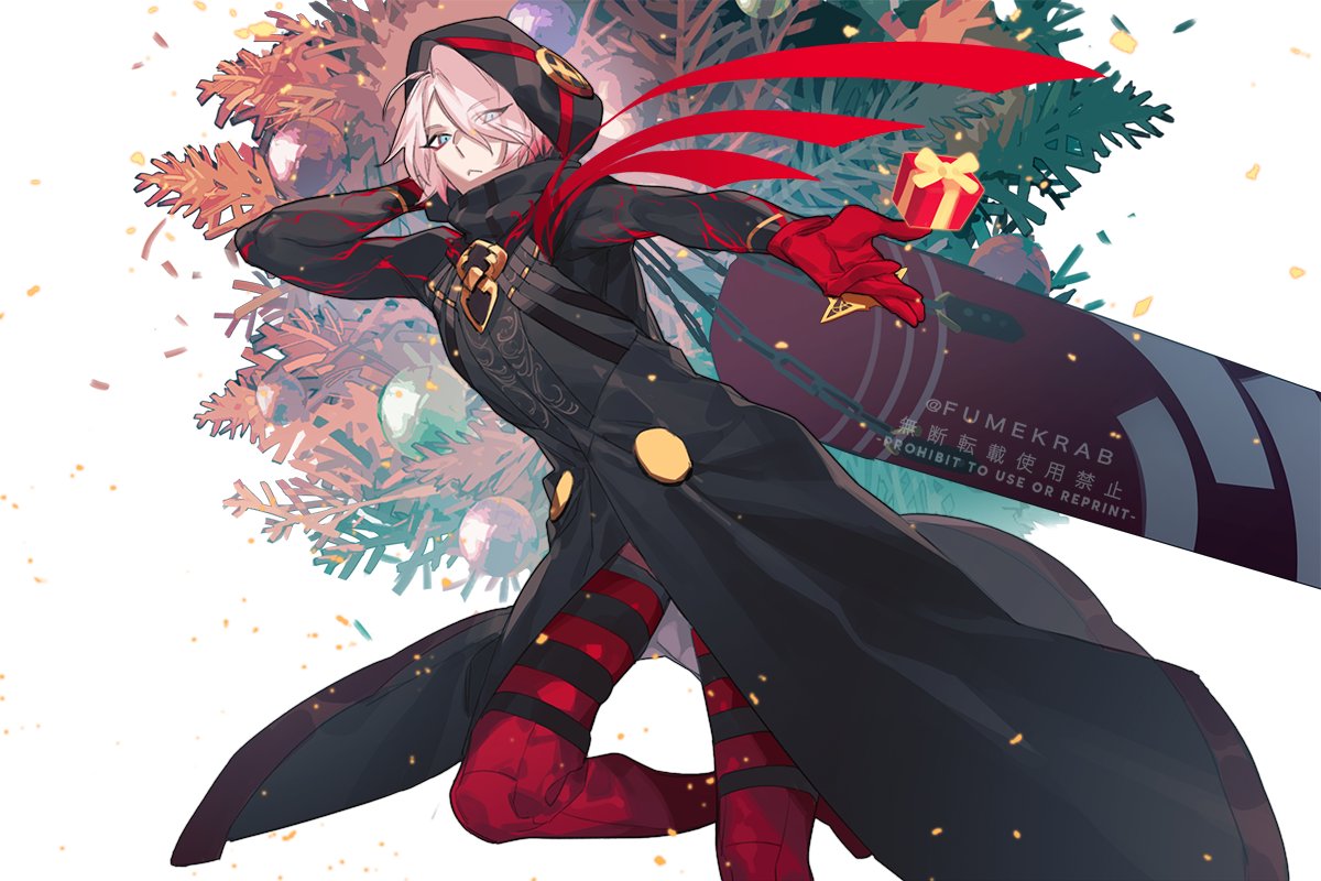 1boy ahoge behind_back black_coat boots coat colored_skin expressionless eyes_visible_through_hair eyeshadow fate/grand_order fate_(series) feet_out_of_frame gloves green_eyes hair_over_one_eye holding hood hood_up karna_(santa)_(fate) krab looking_at_viewer makeup male_focus open_hand pink_hair red_footwear red_gloves short_hair solo thigh-highs thigh_boots tsurime white_skin