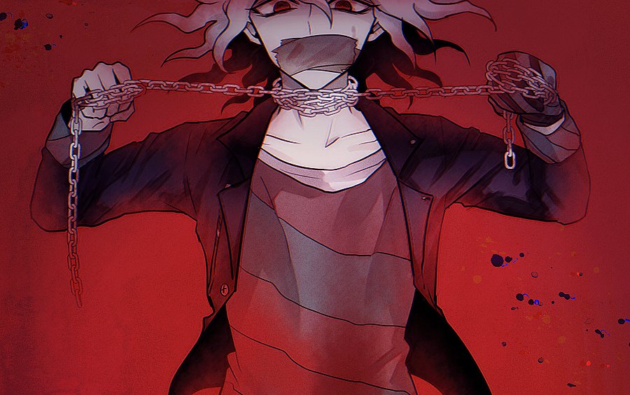 1boy 3n_(nmllmn) asphyxiation bangs black_jacket broken broken_chain chain chained choking_on_object collarbone commentary_request cuffs dangan_ronpa_(series) dangan_ronpa_another_episode:_ultra_despair_girls flipped_hair gag gakuran gradient gradient_background grey_hair grey_shirt handcuffs improvised_gag jacket komaeda_nagito long_sleeves looking_at_viewer male_focus medium_hair mittens open_clothes open_jacket red_background red_shirt school_uniform shackles shirt solo striped striped_mittens striped_shirt sweatdrop tape tape_gag