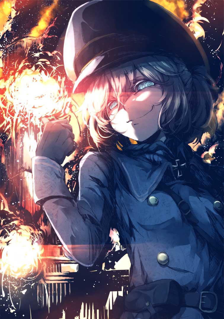 1girl bangs belt blonde_hair blue_eyes clenched_hand closed_mouth explosion eyebrows_visible_through_hair gloves grin hair_between_eyes hat long_sleeves looking_at_viewer military military_uniform neichiru short_hair smile solo tanya_degurechaff uniform youjo_senki