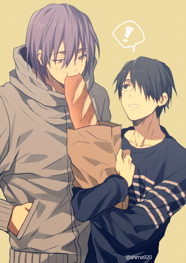 ! 2boys bag baguette bangs black_eyes black_hair blue_shirt blush bread collarbone commentary_request eating food grey_jacket grocery_bag hair_between_eyes hair_over_one_eye hand_in_pocket height_difference himuro_tatsuya holding holding_bag hood hooded_jacket jacket kuroko_no_basuke long_sleeves looking_at_another looking_up male_focus mashima_shima mole mole_under_eye multiple_boys murasakibara_atsushi paper_bag parted_lips purple_hair shirt shopping_bag short_hair simple_background speech_bubble spoken_exclamation_mark standing twitter_username upper_body violet_eyes yellow_background