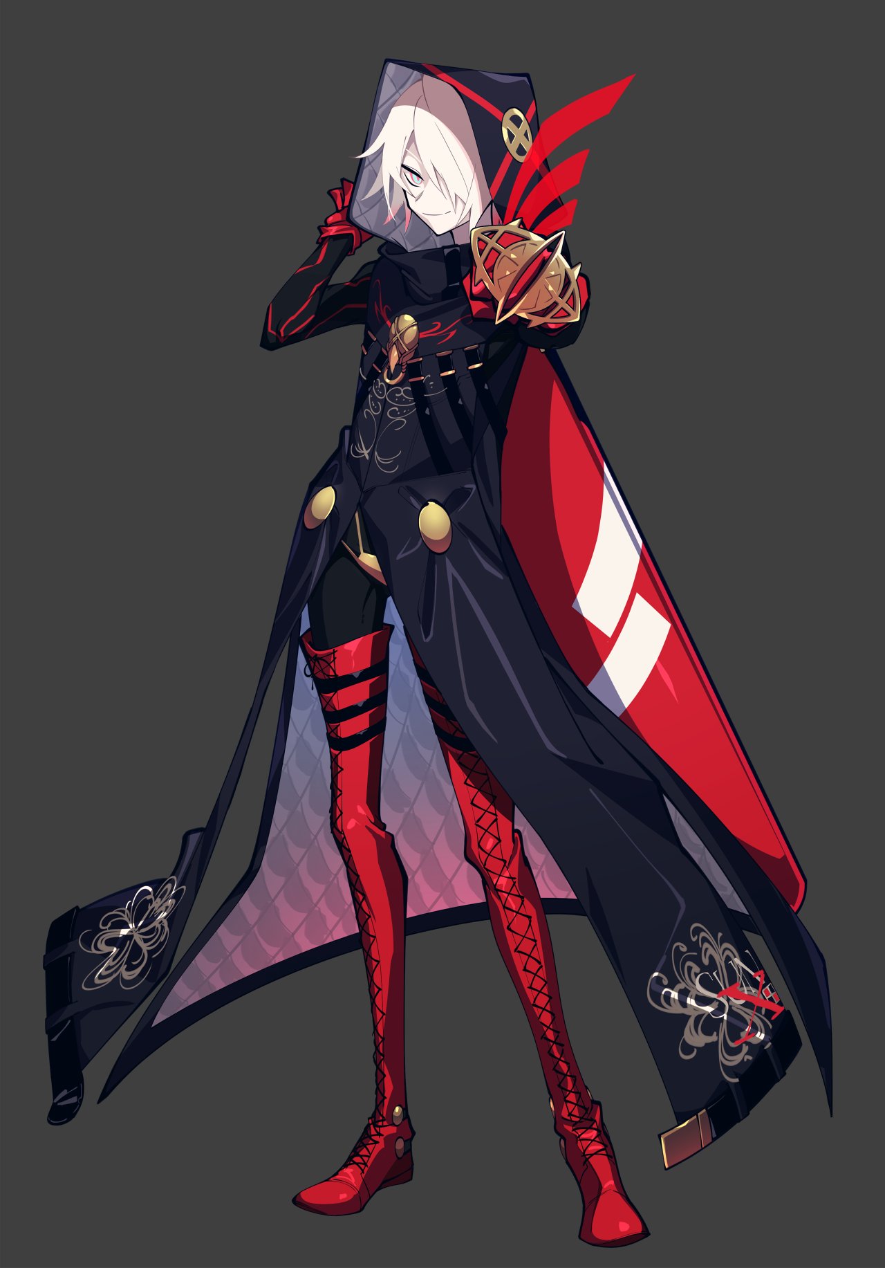 1boy angellyuna black_coat boots coat colored_skin cross-laced_footwear crotch_plate eyeshadow fate/grand_order fate_(series) full_body gloves green_eyes hair_over_one_eye highres holding holding_weapon hood hood_up karna_(santa)_(fate) lace-up_boots makeup male_focus pointing pointing_at_viewer red_footwear red_gloves short_hair simple_background smile solo thigh-highs thigh_boots tsurime weapon white_hair white_skin