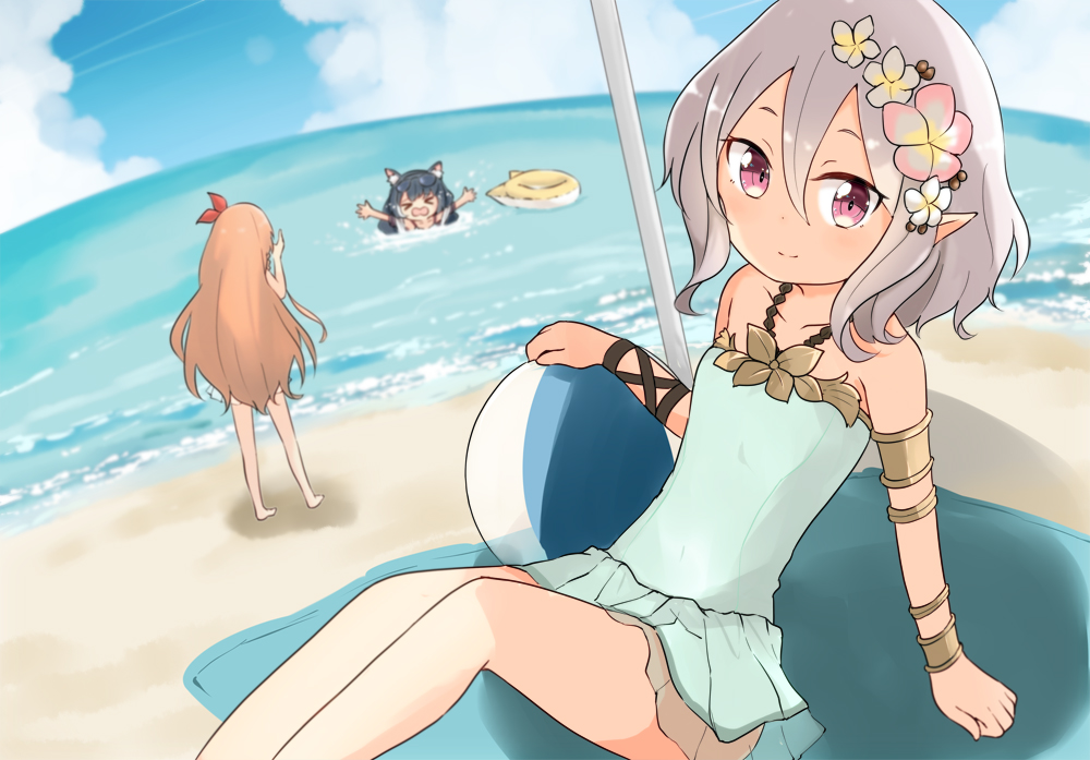 &gt;_&lt; 3girls animal_ears armlet arms_up asphyxiation ball bangs barashiya beach beach_towel beach_umbrella beachball black_hair blue_sky blurry blurry_background bracelet brown_hair cat_ears closed_mouth clouds cloudy_sky commentary day depth_of_field drowning flower frilled_swimsuit frills green_swimsuit hair_flower hair_ornament hair_ribbon halterneck horizon innertube jewelry karyl_(princess_connect!) kokkoro_(princess_connect!) long_hair looking_at_viewer multiple_girls ocean one-piece_swimsuit outdoors pointy_ears princess_connect! princess_connect!_re:dive red_ribbon ribbon short_hair silver_hair sitting sky smile standing swimsuit towel umbrella violet_eyes