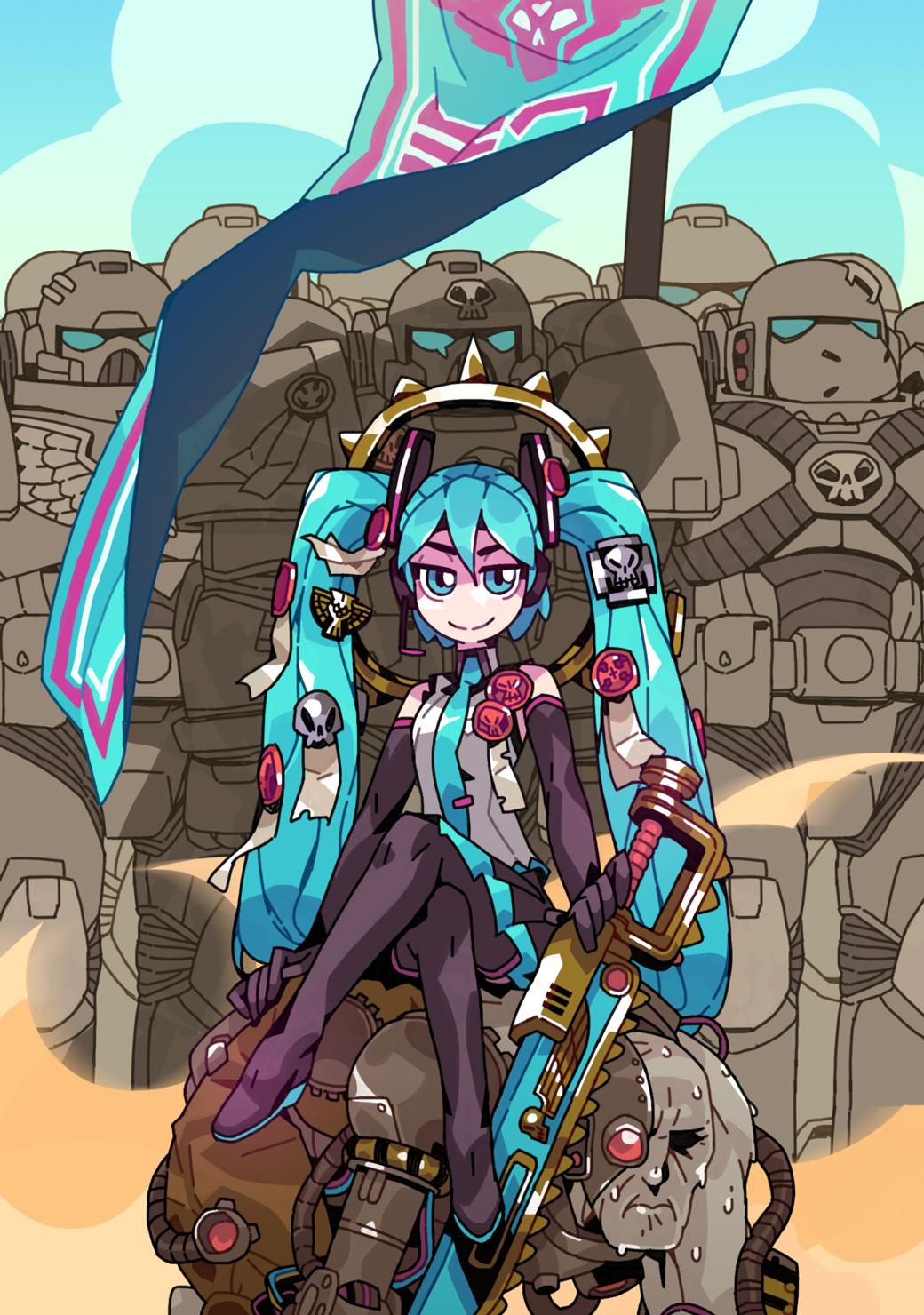 1girl :t aqua_eyes aqua_hair banner black_footwear black_gloves boots chainsword commentary cpt_hamburger crossed_legs crossover elbow_gloves english_commentary femdom flag flat_chest gloves hair_ornament hatsune_miku headset highres human_furniture long_hair looking_at_viewer mechanical_halo multiple_boys necktie sitting sitting_on_person smile smug solo_focus space_marines thigh-highs thigh_boots twintails very_long_hair vocaloid warhammer_40k